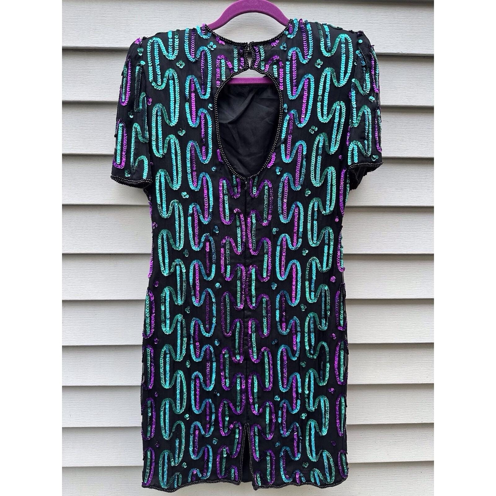 VTG Eves Allure Sequin Beaded Black Silk Short Sleeve Cocktail Party Dress L