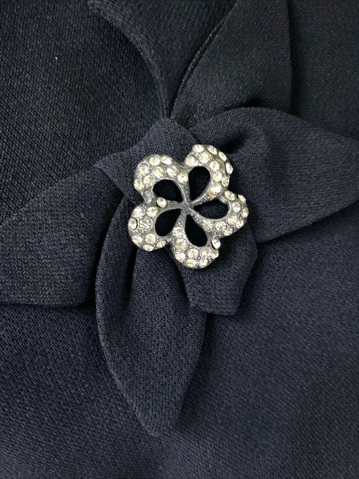 Vtg 40s 50s Ann Kauffman Black Dress Rhinestone Flower Cocktail Party Midi