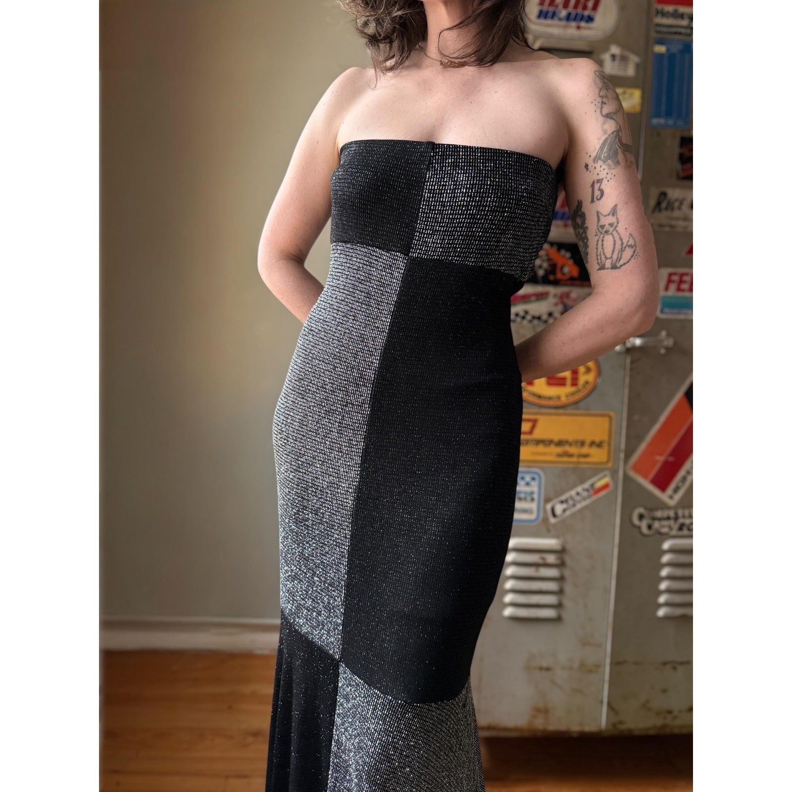 Vintage 90s Silver Strapless Gown | Black Gray Metallic Mermaid Maxi | L