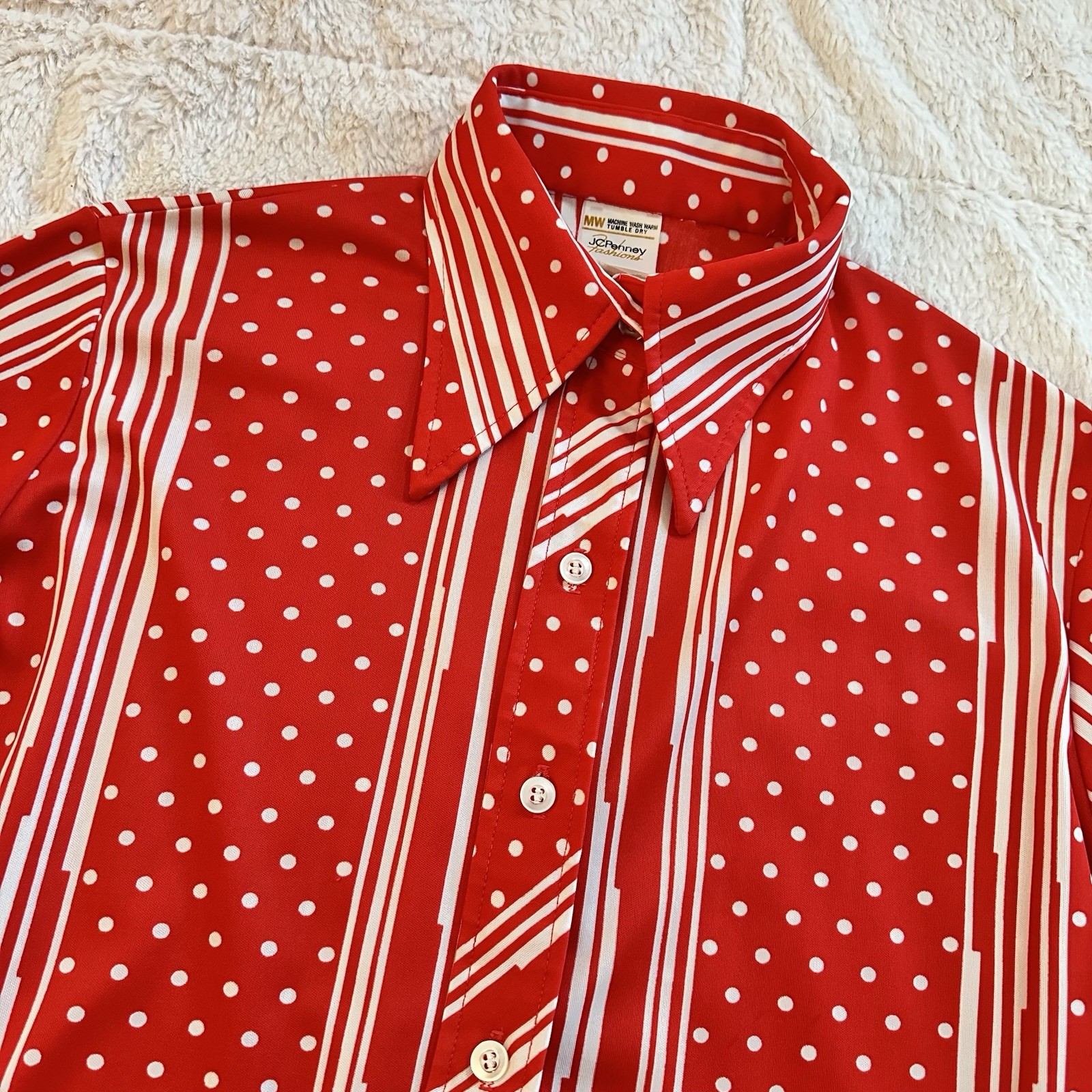 VTG 70s JC Penny Dagger Collar Buttonup Shirt Womens 16 Clown Red Striped Dot