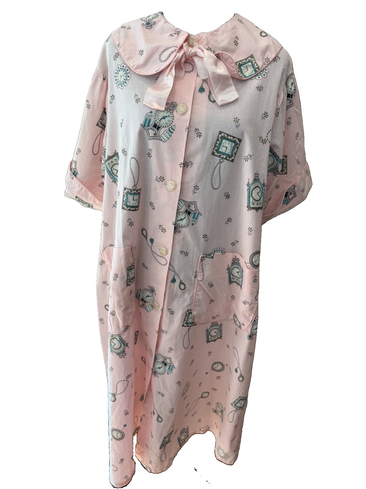Vintage Milgrim Ladies Rockabilly Housecoat Size Large Novelty Clock Print Pink