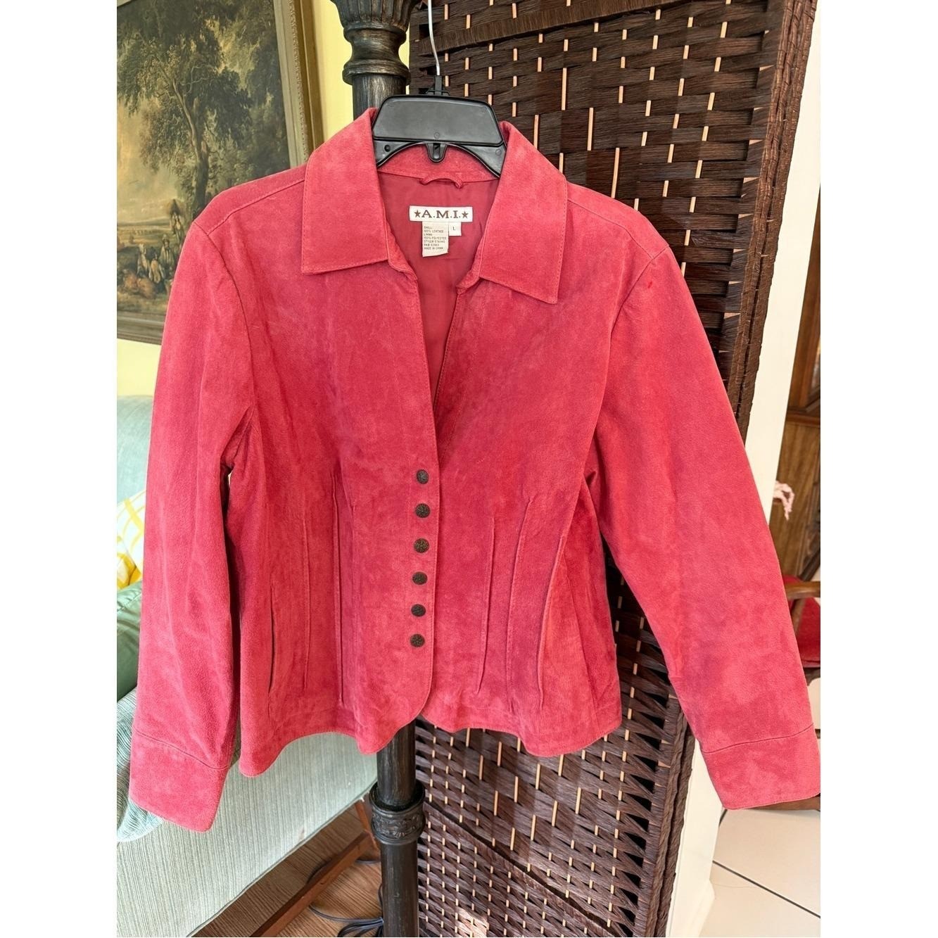Vintage A.M.I. Pink Suede Leather Jacket Size L Pleated Corset Waist