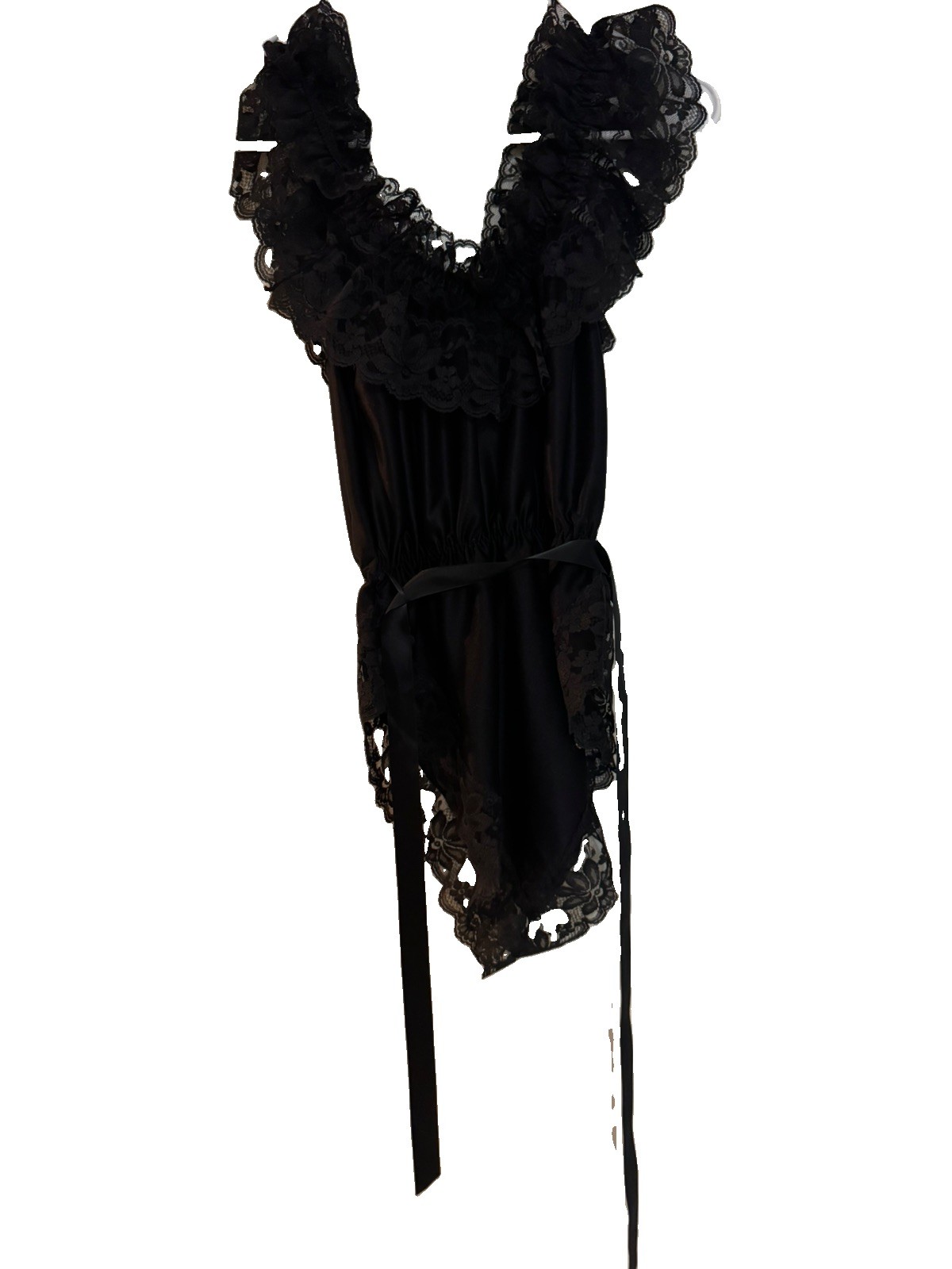 Vtg Dolores Poirette Black Satin Lace Teddy Romper Bodysuit Pull On Size M