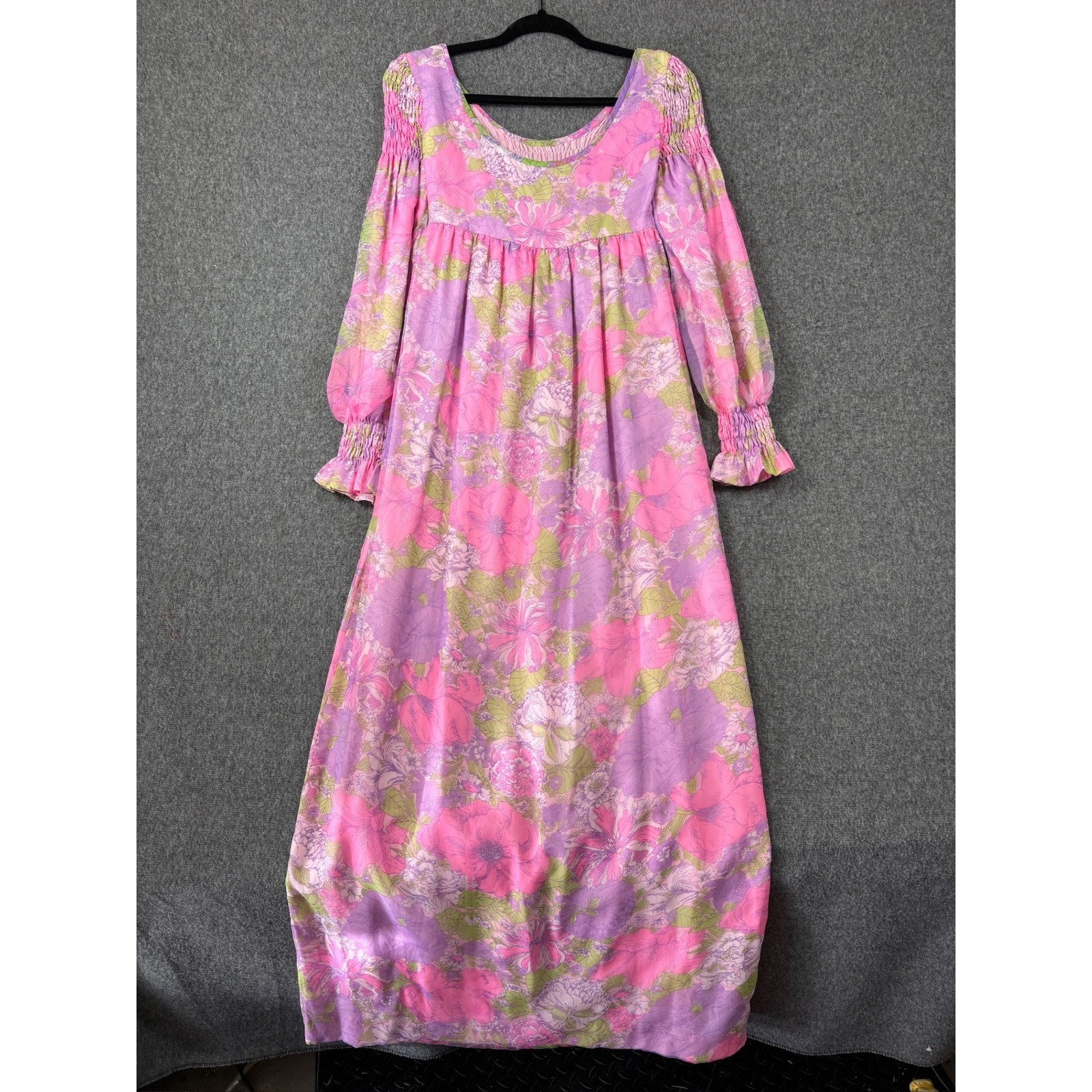 Vintage 70s Floral Smocked Maxi Dress Pink Purple Long Sleeve Boho Empire Waist