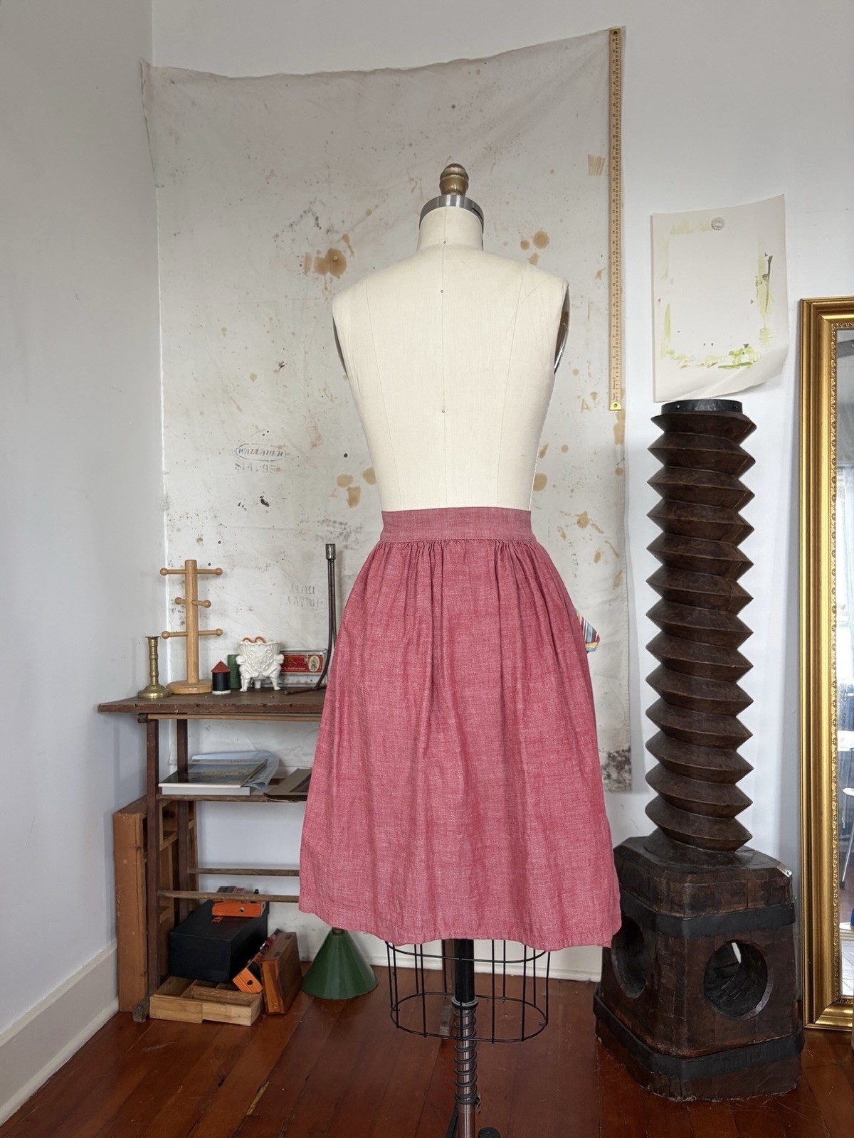 30s 40s Chambray Rayon Cotton Button Front Skirt Feedsack Pocket Workwear 24/25”