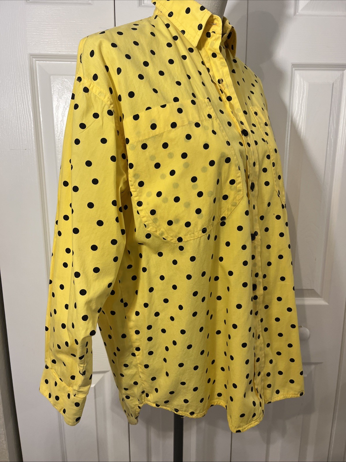 Instant Glamour Vtg 1980&rsquo;s Postmodern Cotton Yellow Shirt Black Polka Dot OS