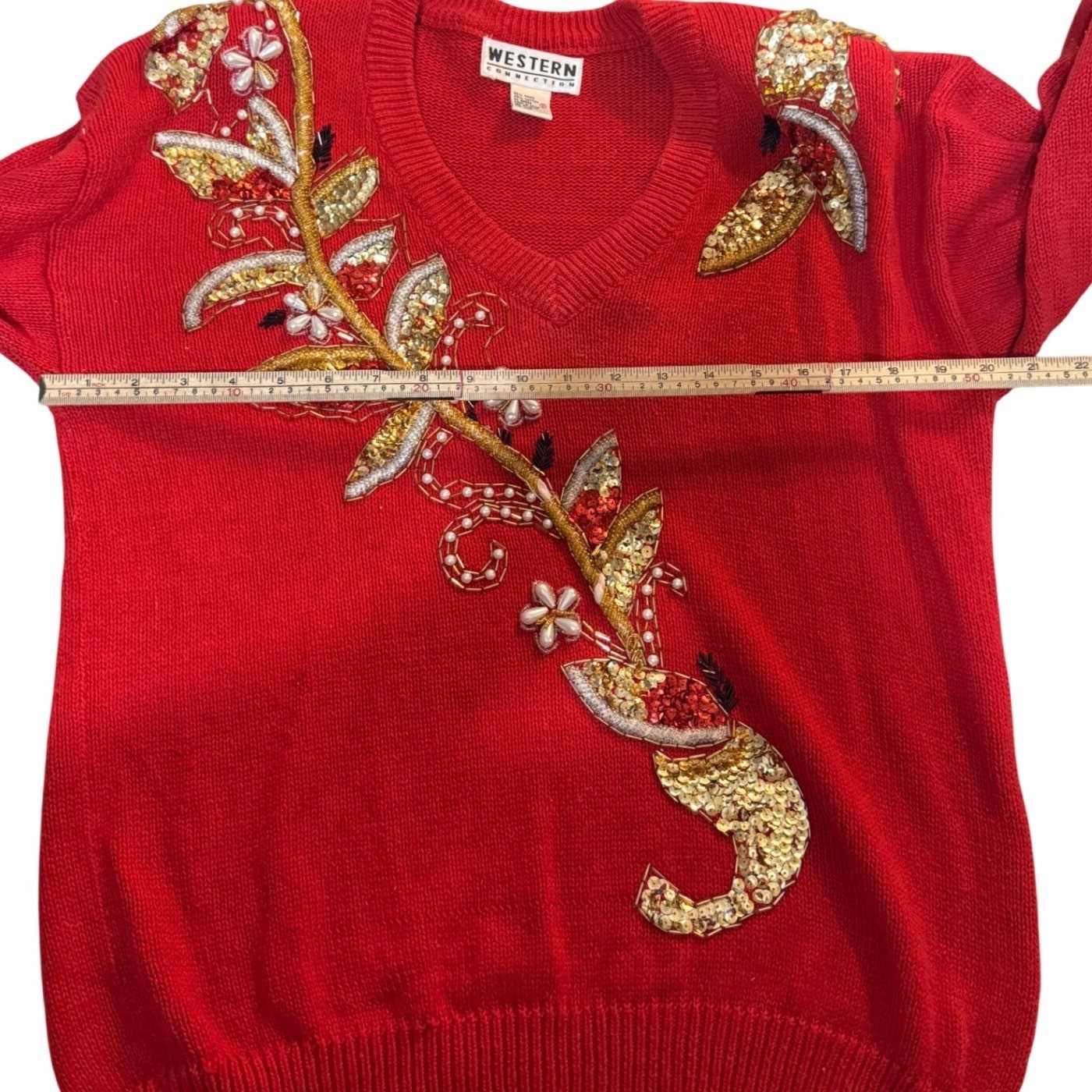 Kitschy Retro Vintage Western Connection Red Sweater Sequin Pearl Embellished S