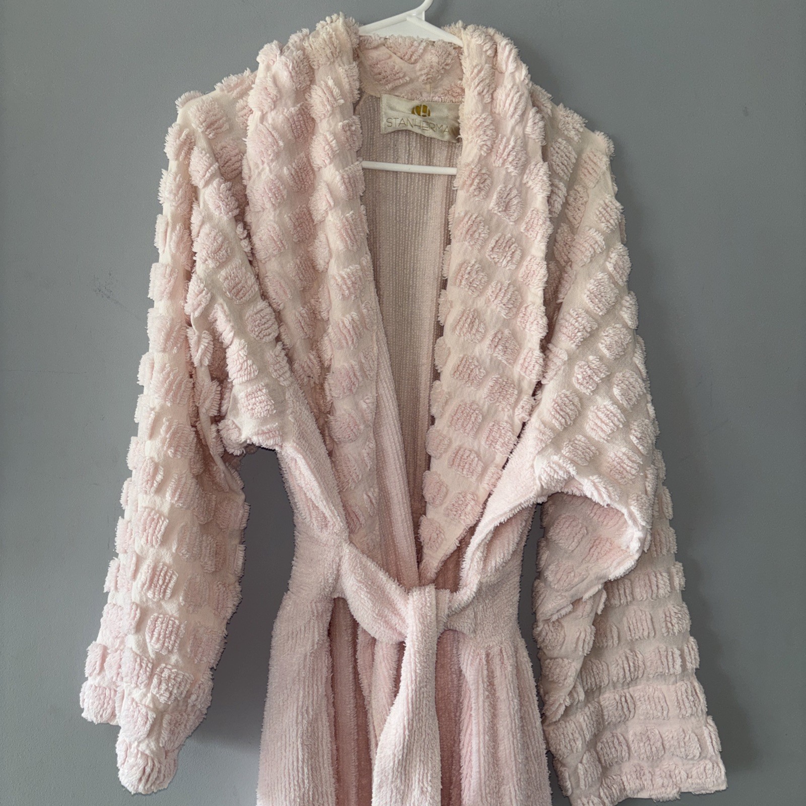 Vtg 80s Stan Herman Chenille Pink Robe Small Belt Cottage Shabby Chic