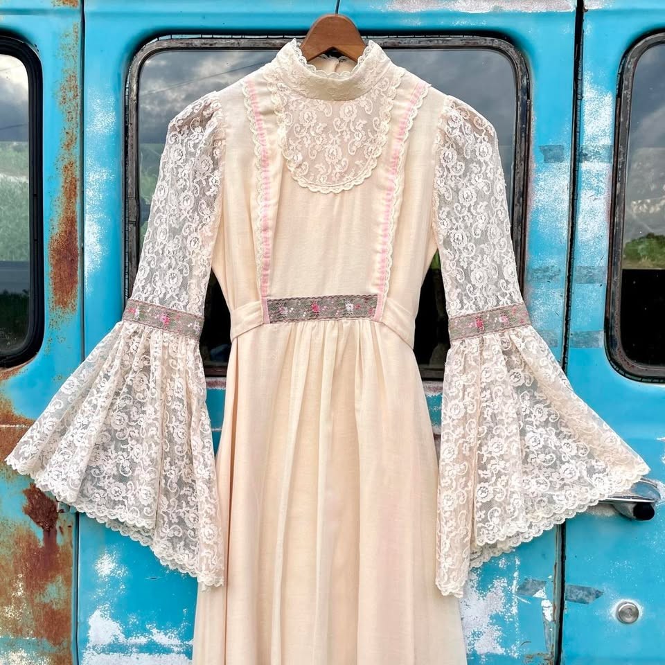 70s Candy Jones victorian renaissance lace maxi gown w/ bell sleeves