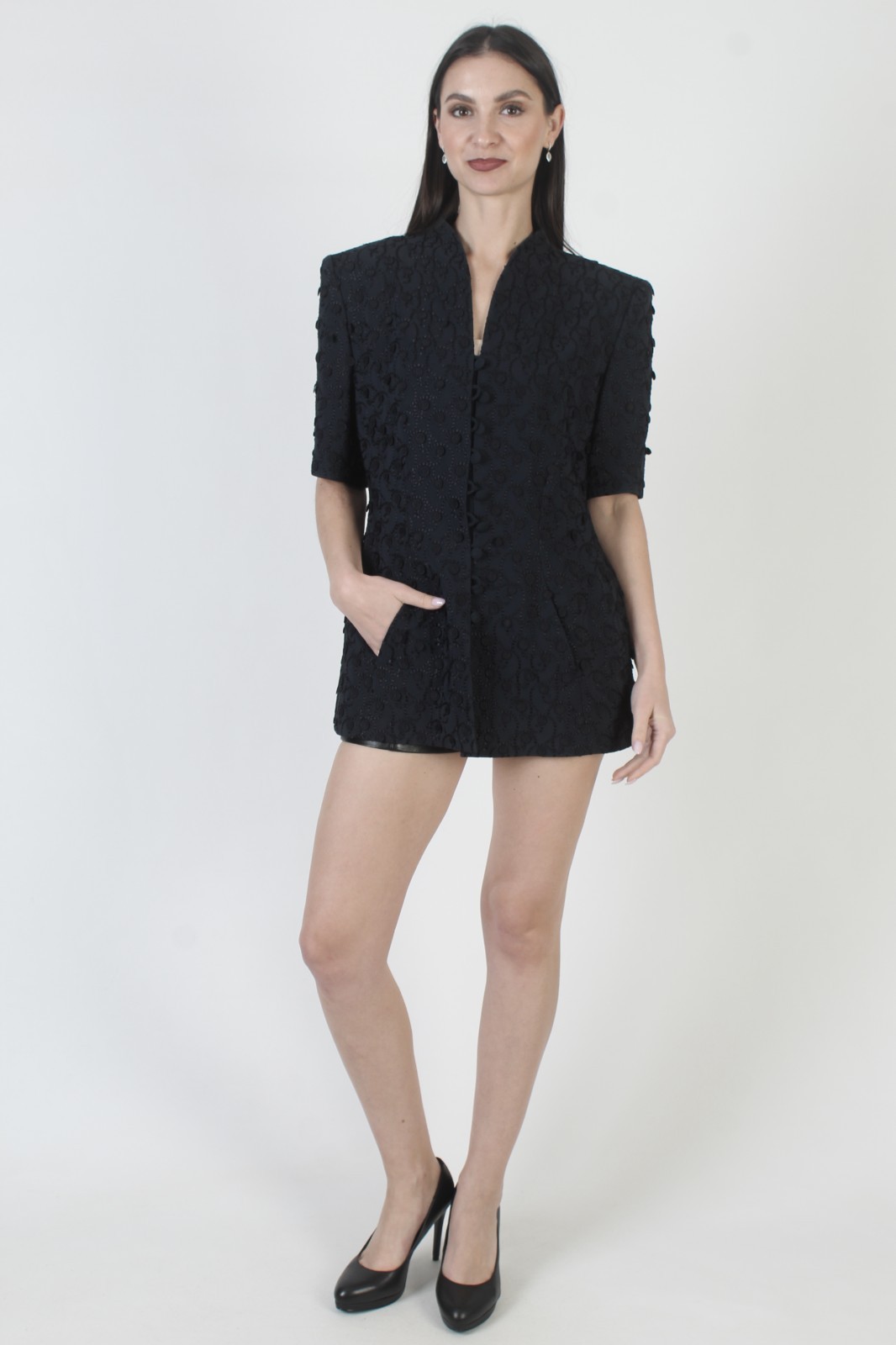 Vtg Escada Couture Jacket Navy Silk Designer Button Up Blazer Coat W/ Pockets 42
