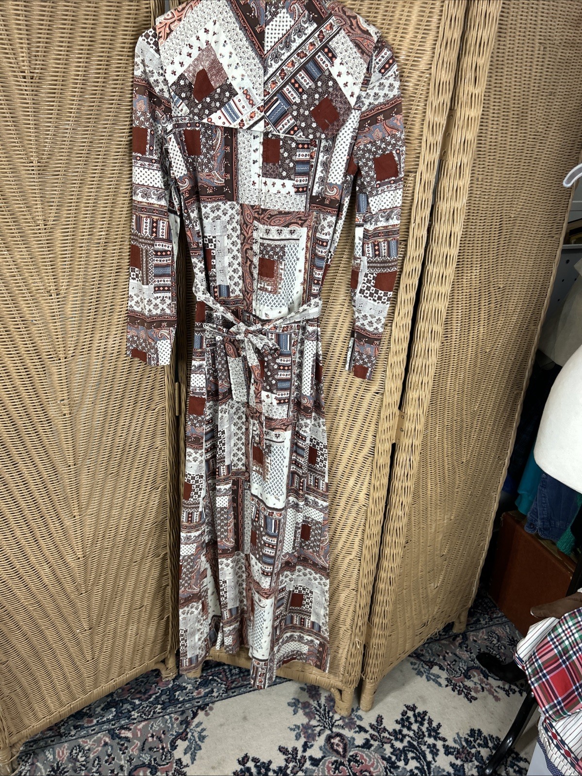 Vintage Patchwork Dress Prairie Removable Collar Homemade Brown Beige Blue