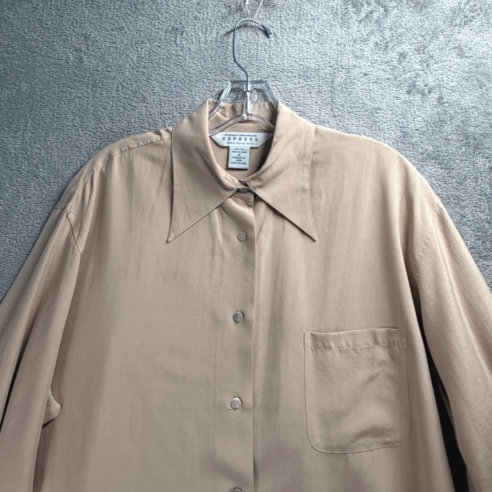 Express Silk Blouse Womens M Beige Vintage 90s Oversized Button Up Long Sleeve