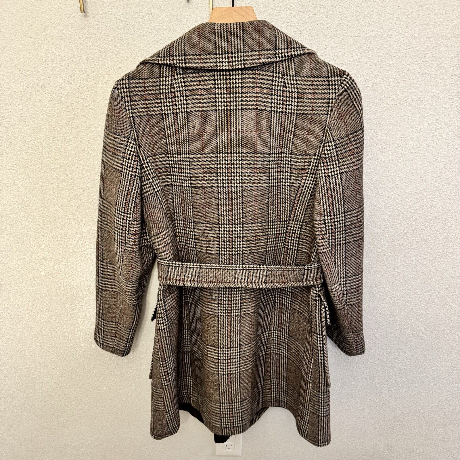 VTG Elli Modes Wool Belted Wrap Coat Women&rsquo;s 9/10 Glen Plaid Equestrian Germany