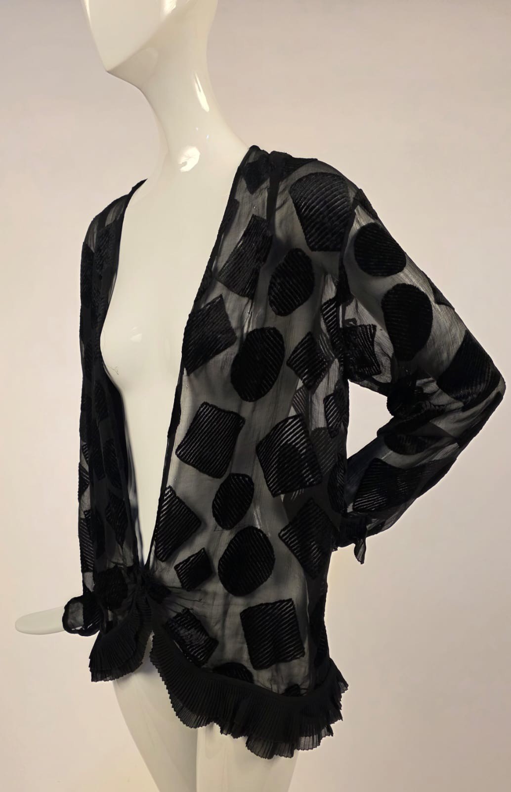 ART DECO 1920’S GEOMETRIC VOIDED BLACK VELVET JACKET W RUFFLES