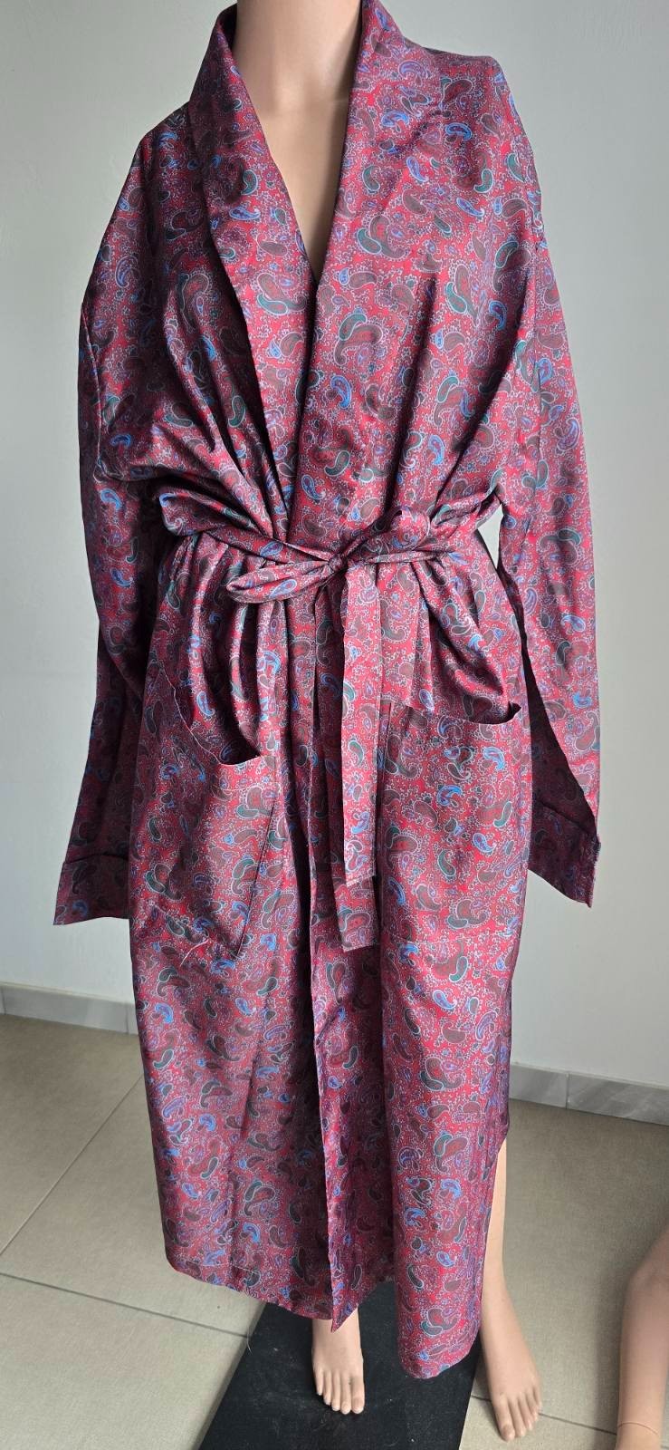 Vintage 80s Tootal Men Long Paisley Smoking Robe Burgundy Multicolor Size 52/XL