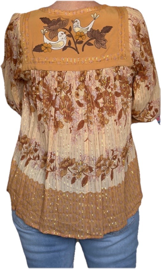✨Spell Coco Lei Blouse Top Size M Brown Ivory Floral Metallic Thread Boho