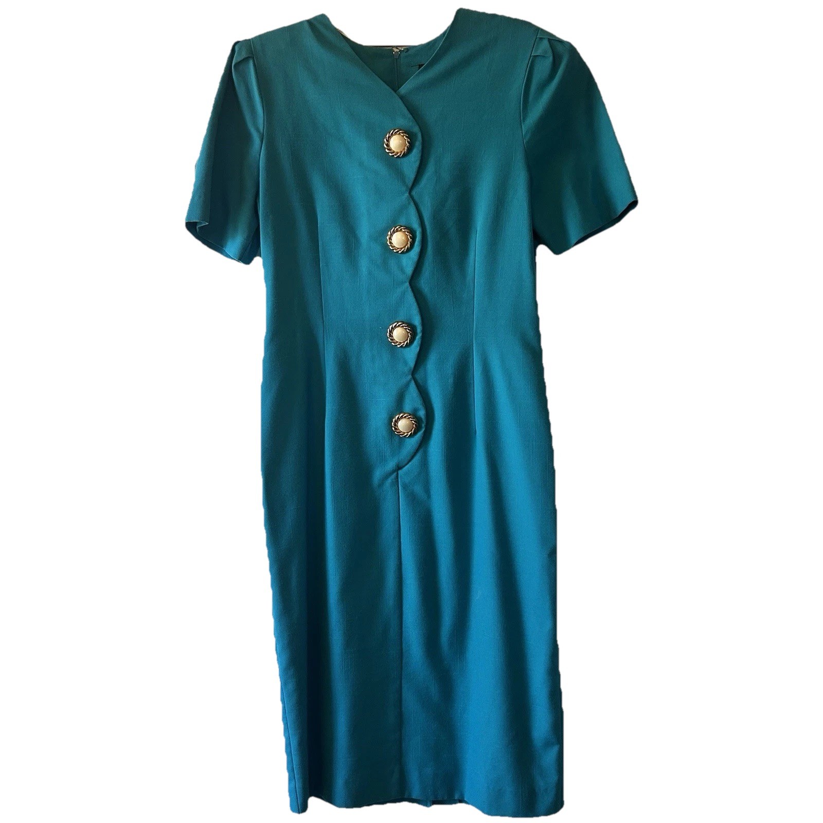 Vintage 80s Blue Straight Dress Funky Buttons Old Money Secretary Career MHM