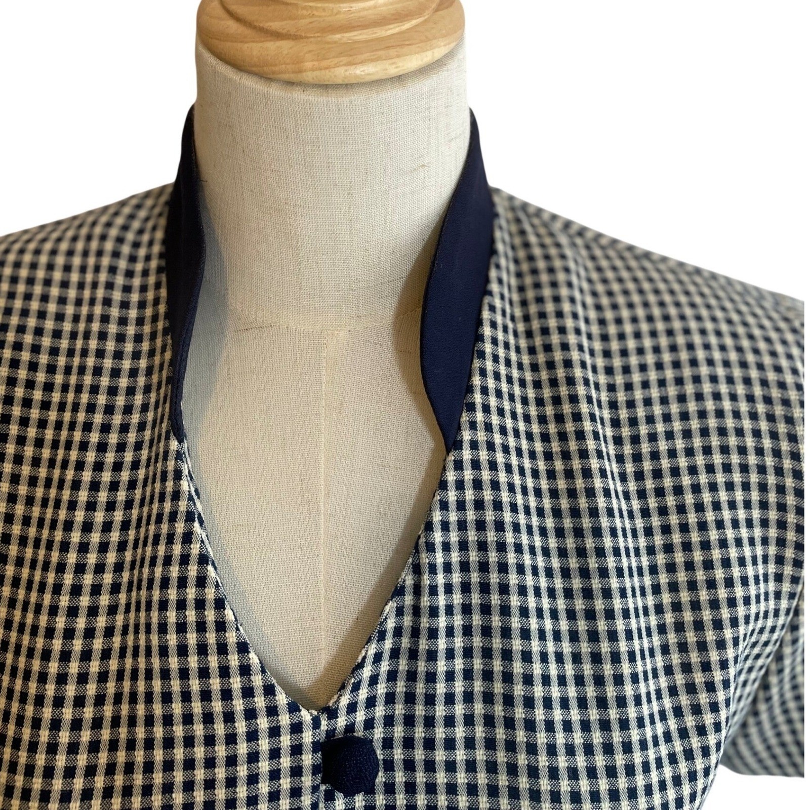 Scarlett Vintage Gingham Check Maxi Dress Navy Blue White Mandarin Collar 3/4