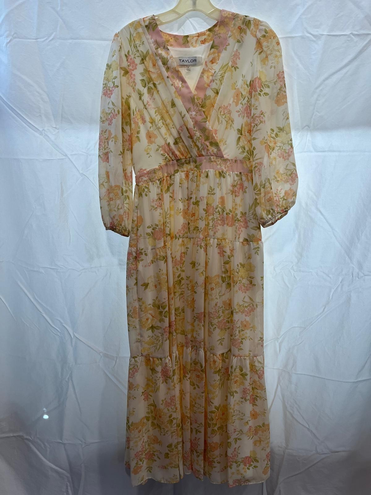TAYLOR Floral Tiered Dress Ivory Pink Yellow Green Sheer Sleeves Size M