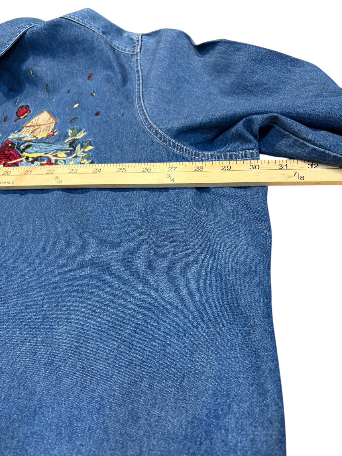 Vintage Just My Size 100% Cotton Denim Blouse 26W/28W Birds Flowers Cottagecore