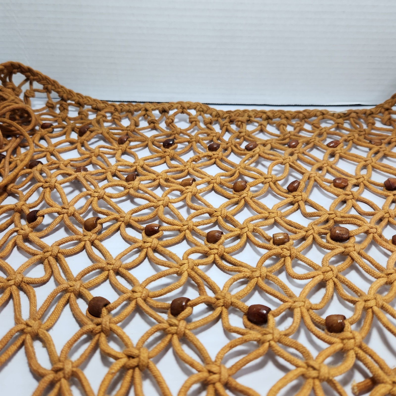 Vintage Boho Macrame Bikini Cover Up Tan Fringe Wood Beads Festival Wear