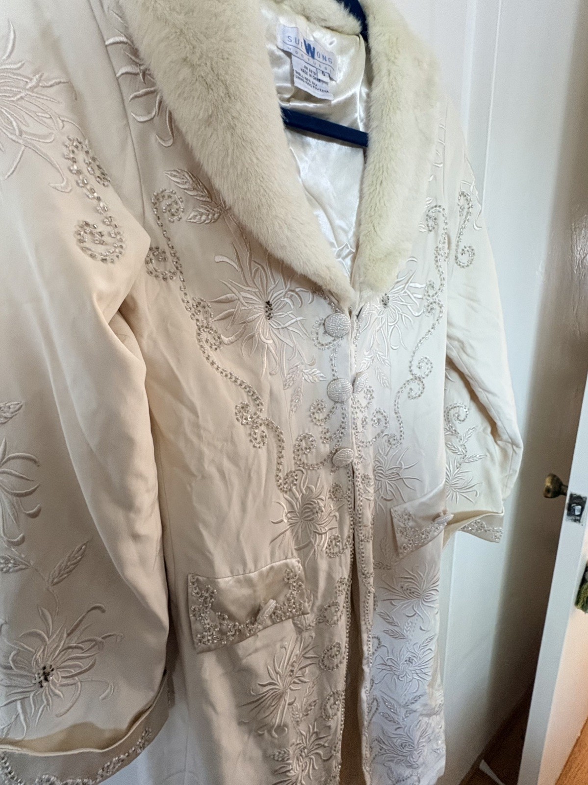 Sue Wong Rare Vintage Silk, Beaded, Embroidered Evening Coat W/ Faux Fur Collar