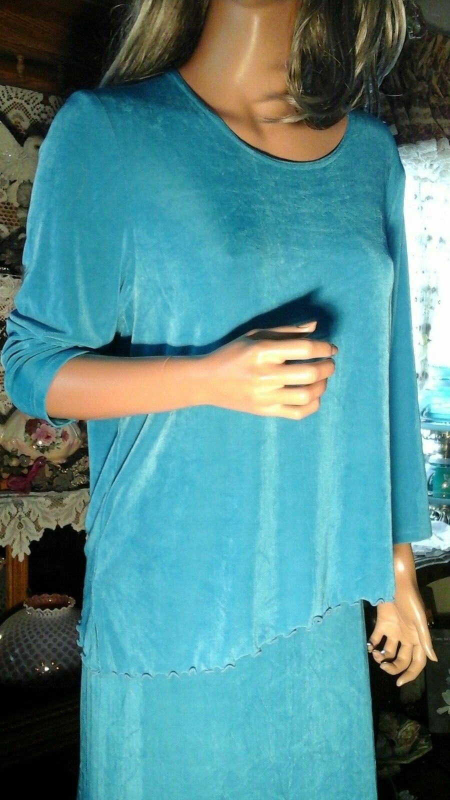 VTG AMANDA TURQUOISE SLINKY ACETATE SPANDEX MAXI SKIRT & TOP SET SZ M L NICE !!