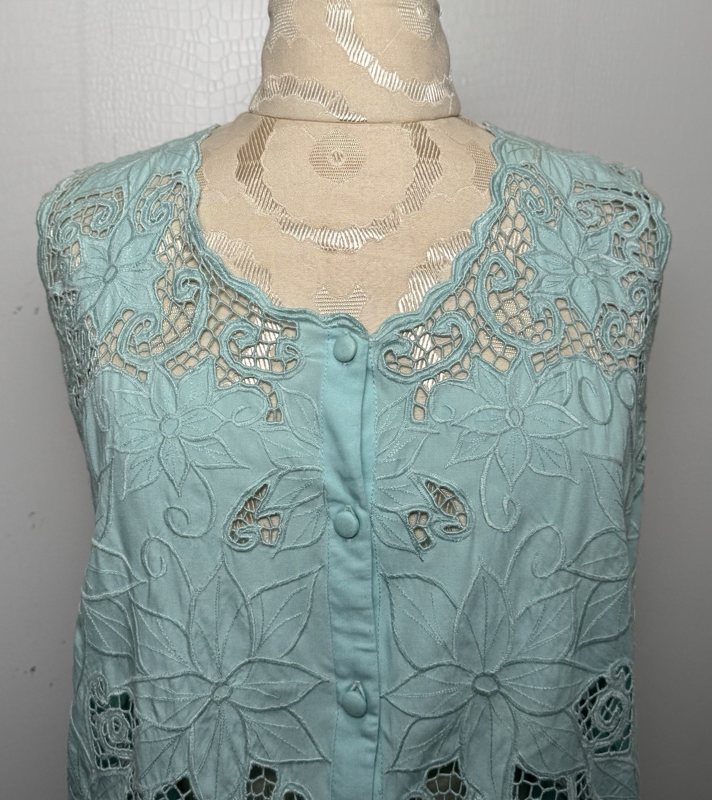 Vintage Aqua Blue Cutwork Lace 2 Pc Dress Set Boho Resort Maxi M