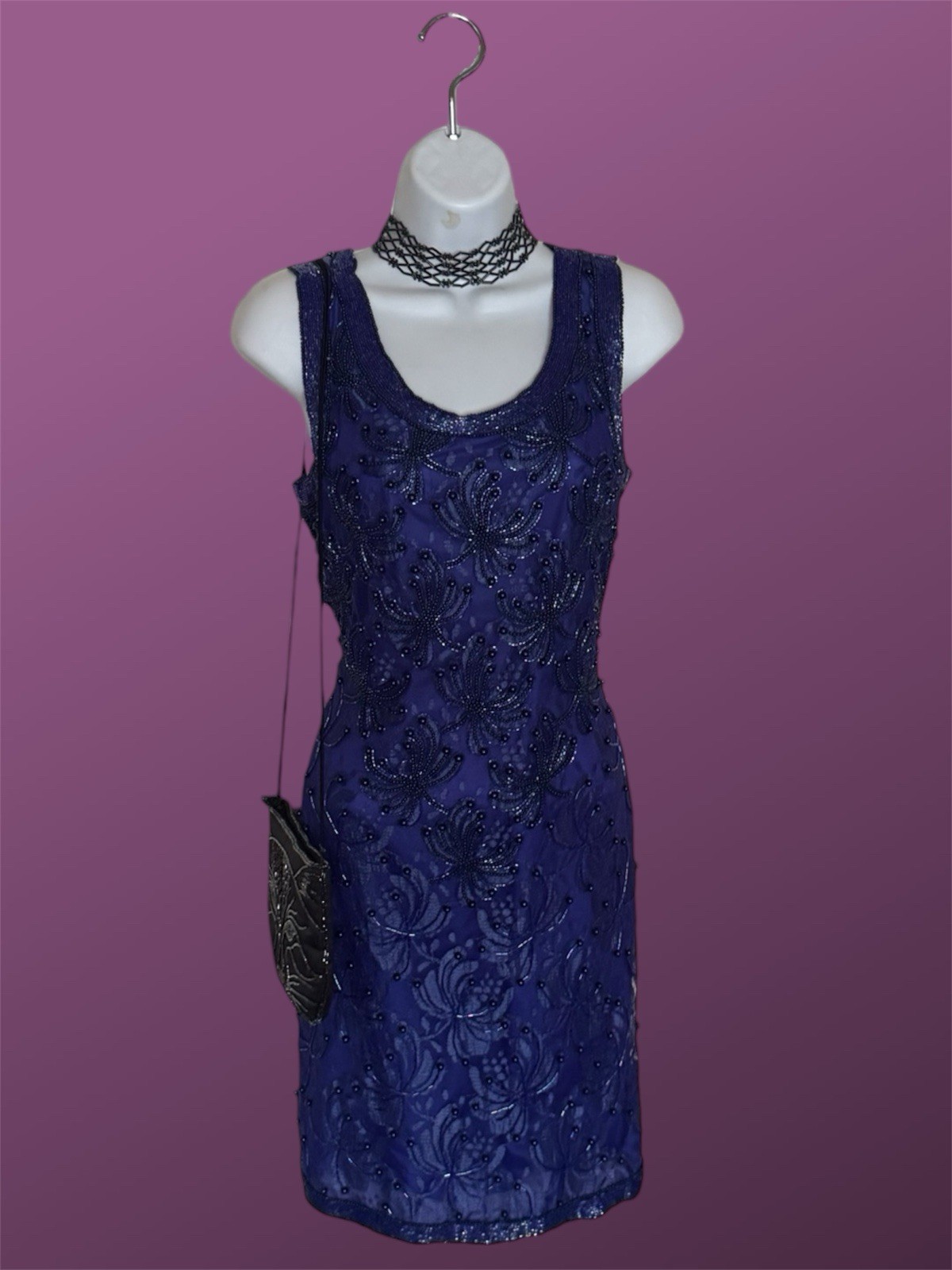 Vintage Fully Beaded Royal Blue Lace Party Dress (Size M-L) Special Occasion