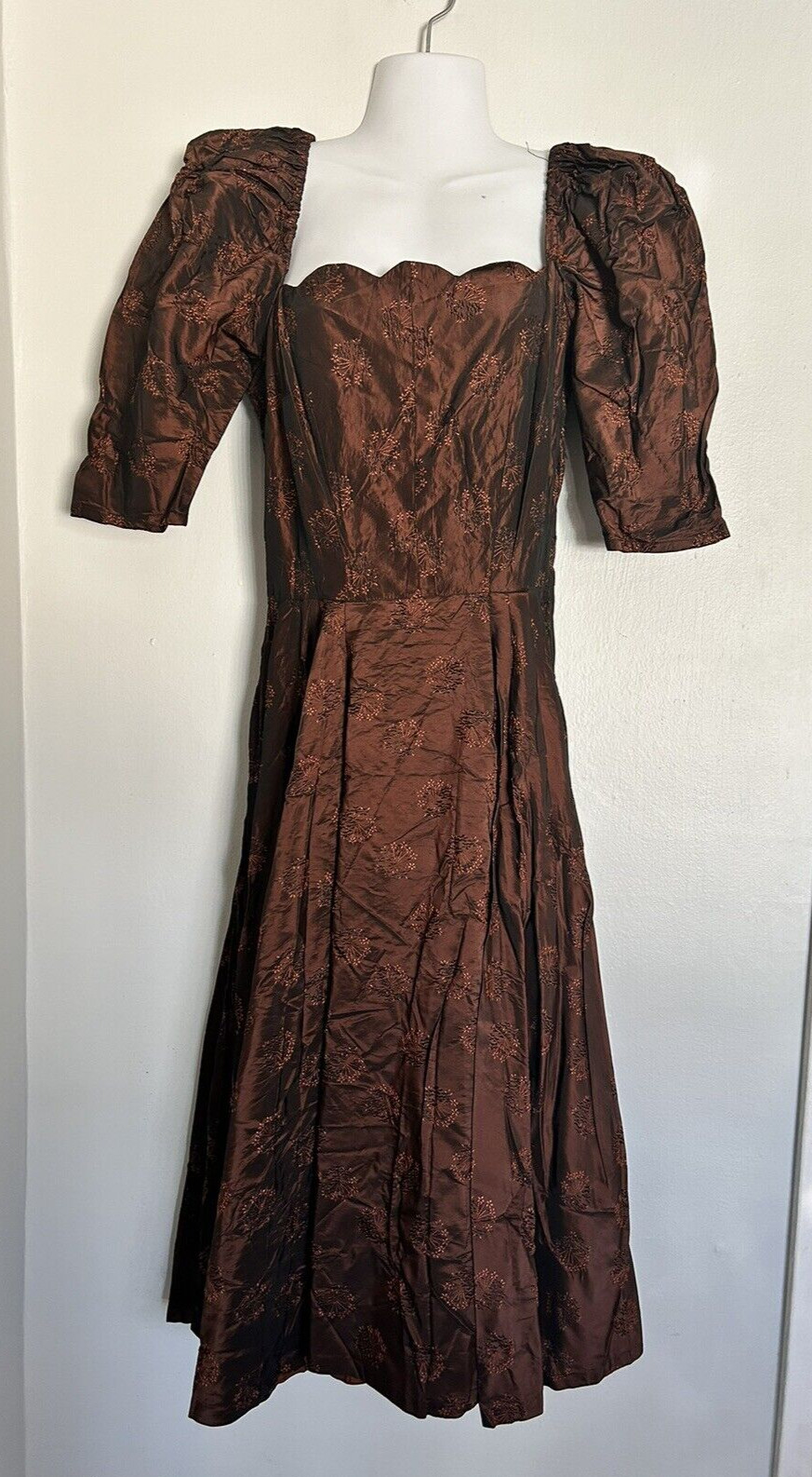 Vintage 50s Taffeta Brown Copper Dress XS Small VLV