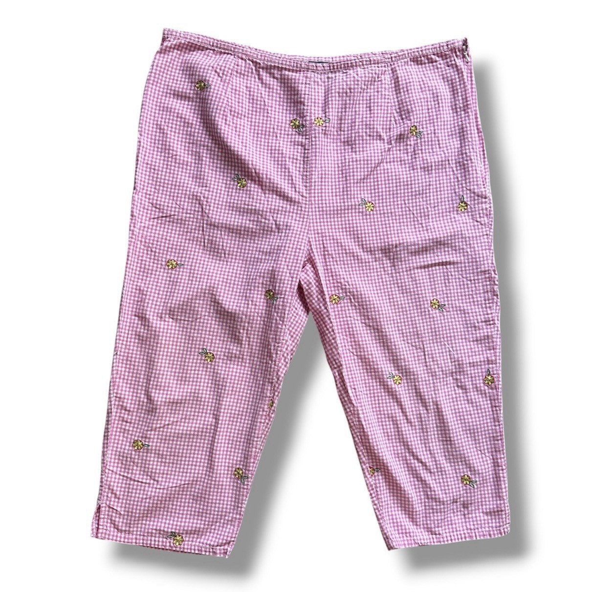 Vintage Pink White Gingham Flower Embroidered Cropped Pants Women’s Plus Size 16