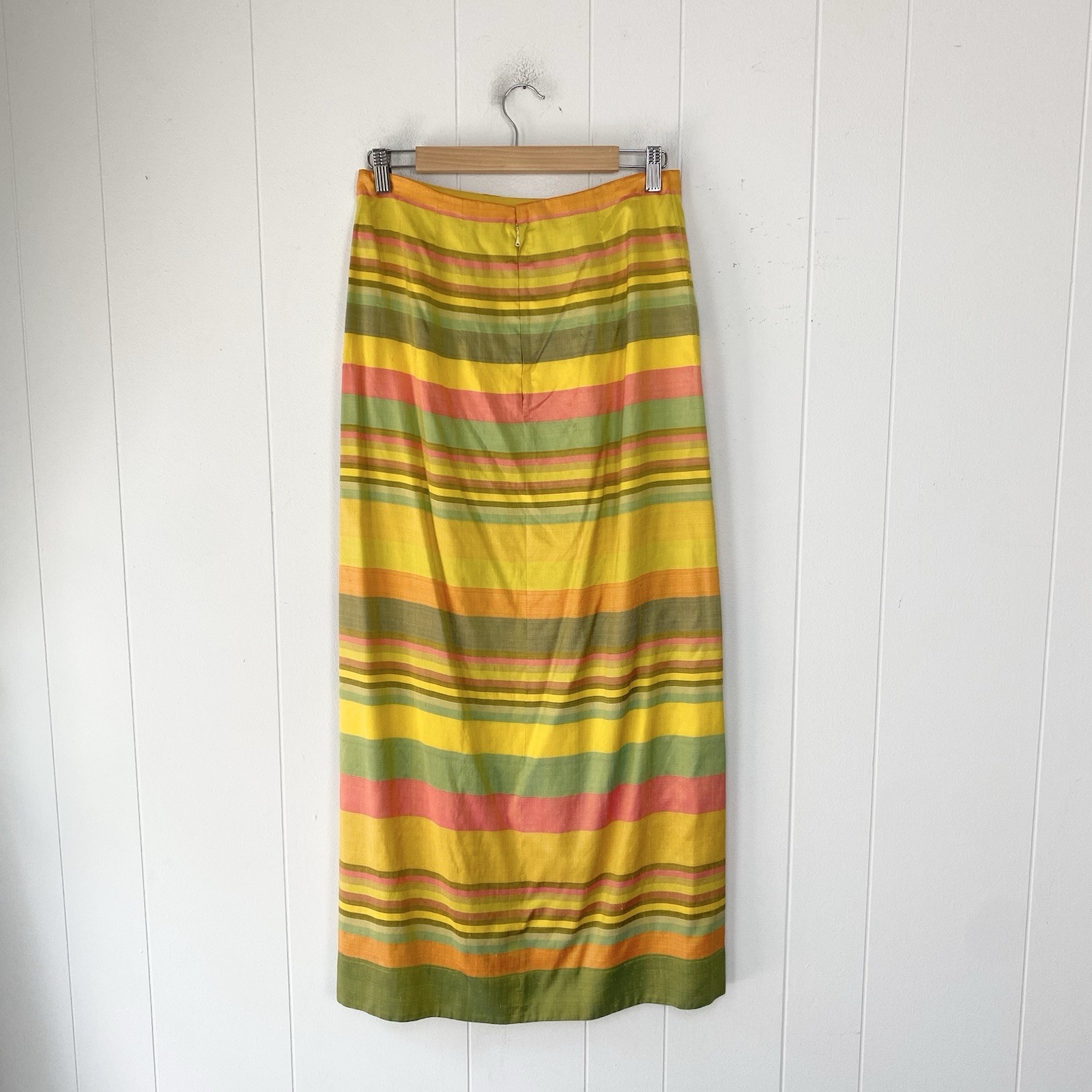 60s 70s Taffeta Multicolor Silk? Striped Maxi Skirt M 28-29” Waist Handmade