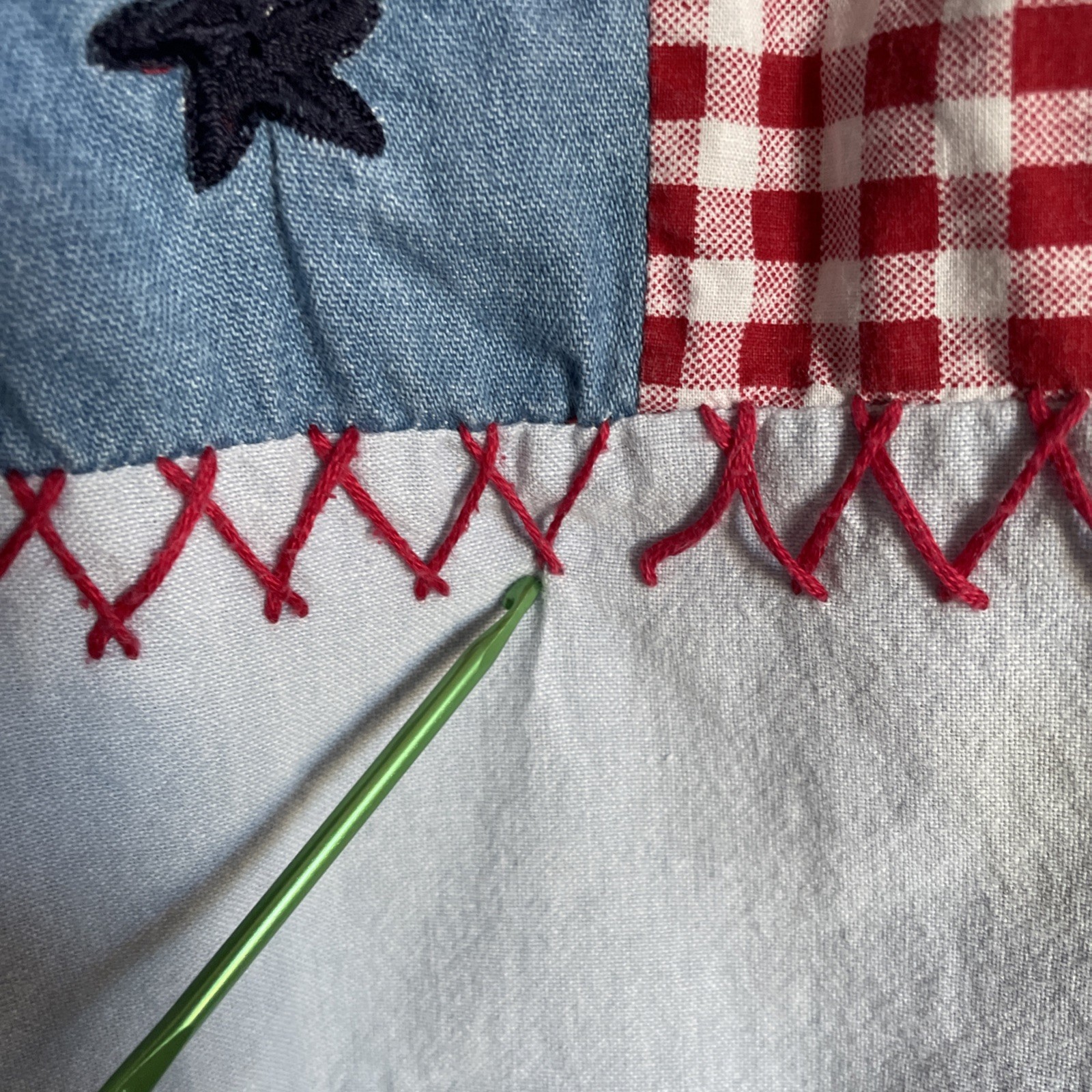 Vintage Denim Chambray Patriotic Patchwork Button Down Large