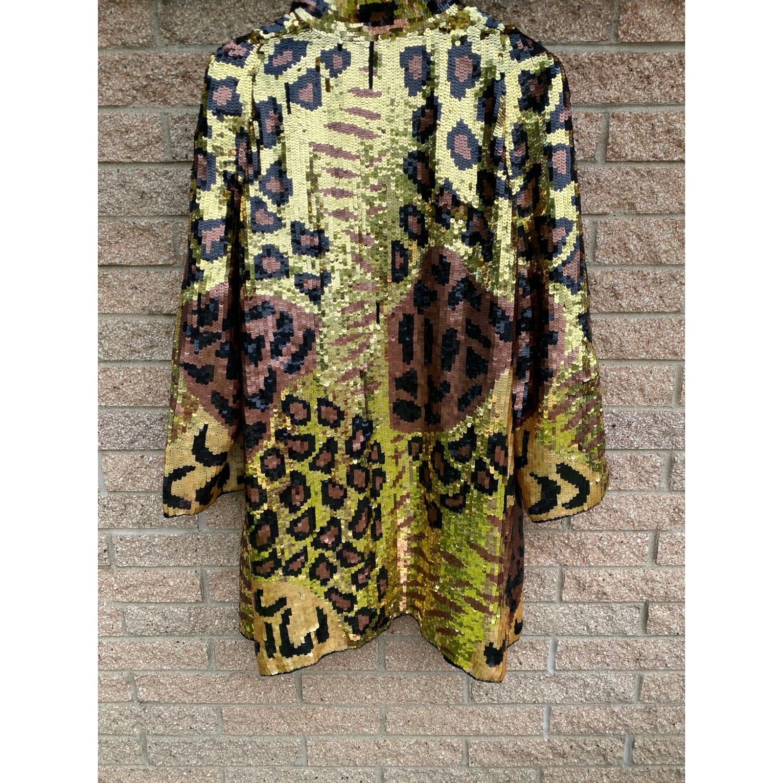 Vintage Silk Sequin Leopard Print Duster Coat Gold Bronze Medium Glam Mob Wife