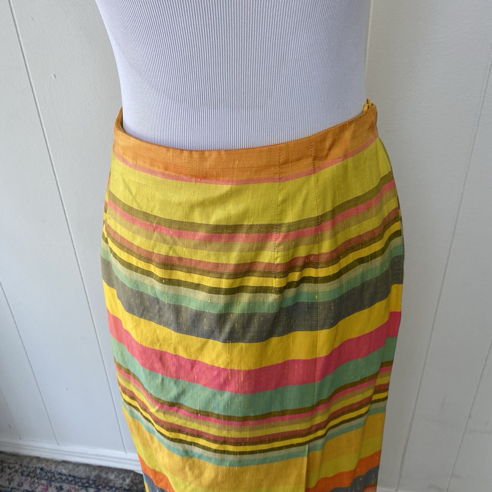 60s 70s Taffeta Multicolor Silk? Striped Maxi Skirt M 28-29” Waist Handmade