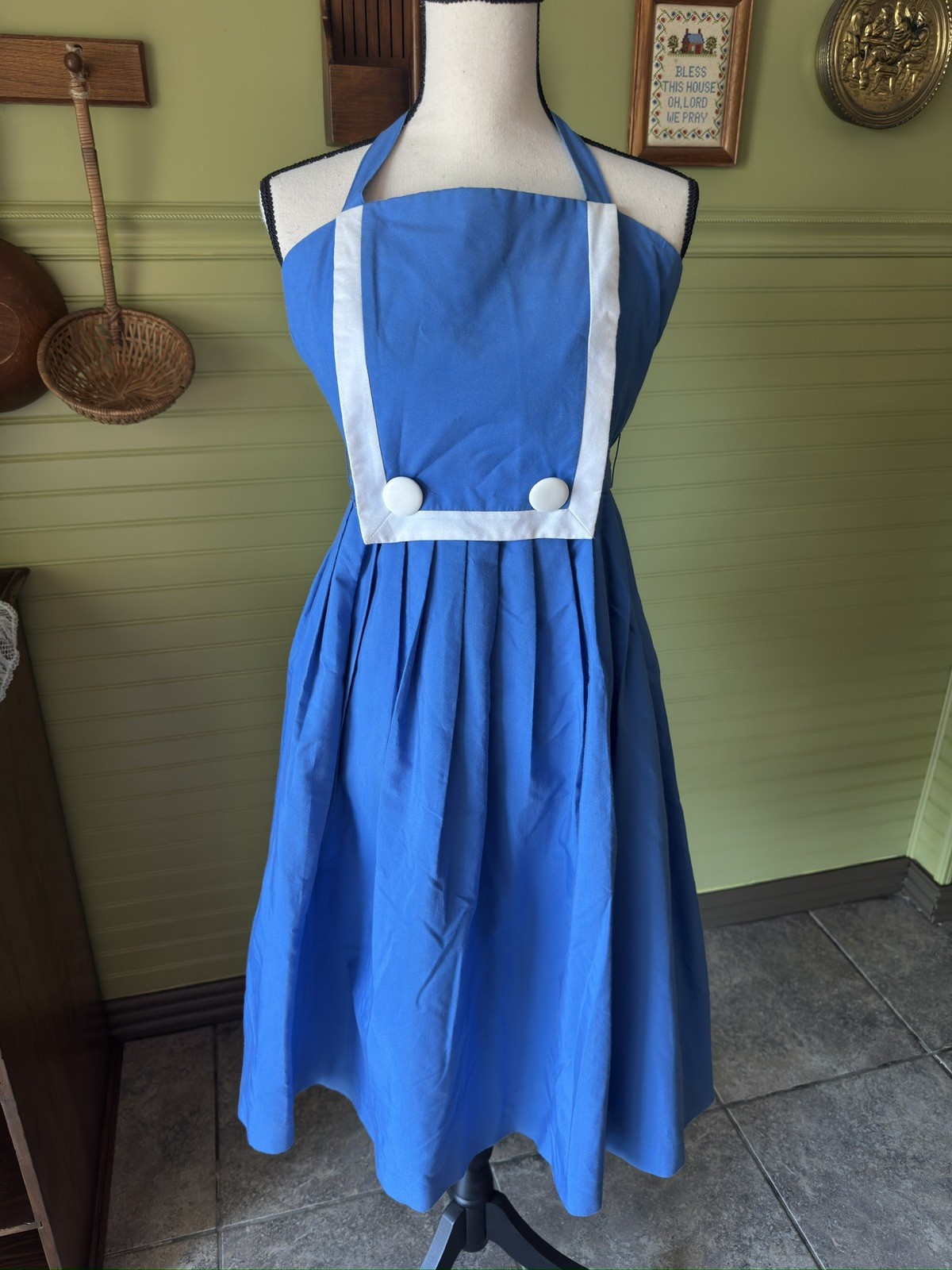 Vintage ACT I Petites New York Blue Dress Size 8 Tie Neck Retro Style 80s