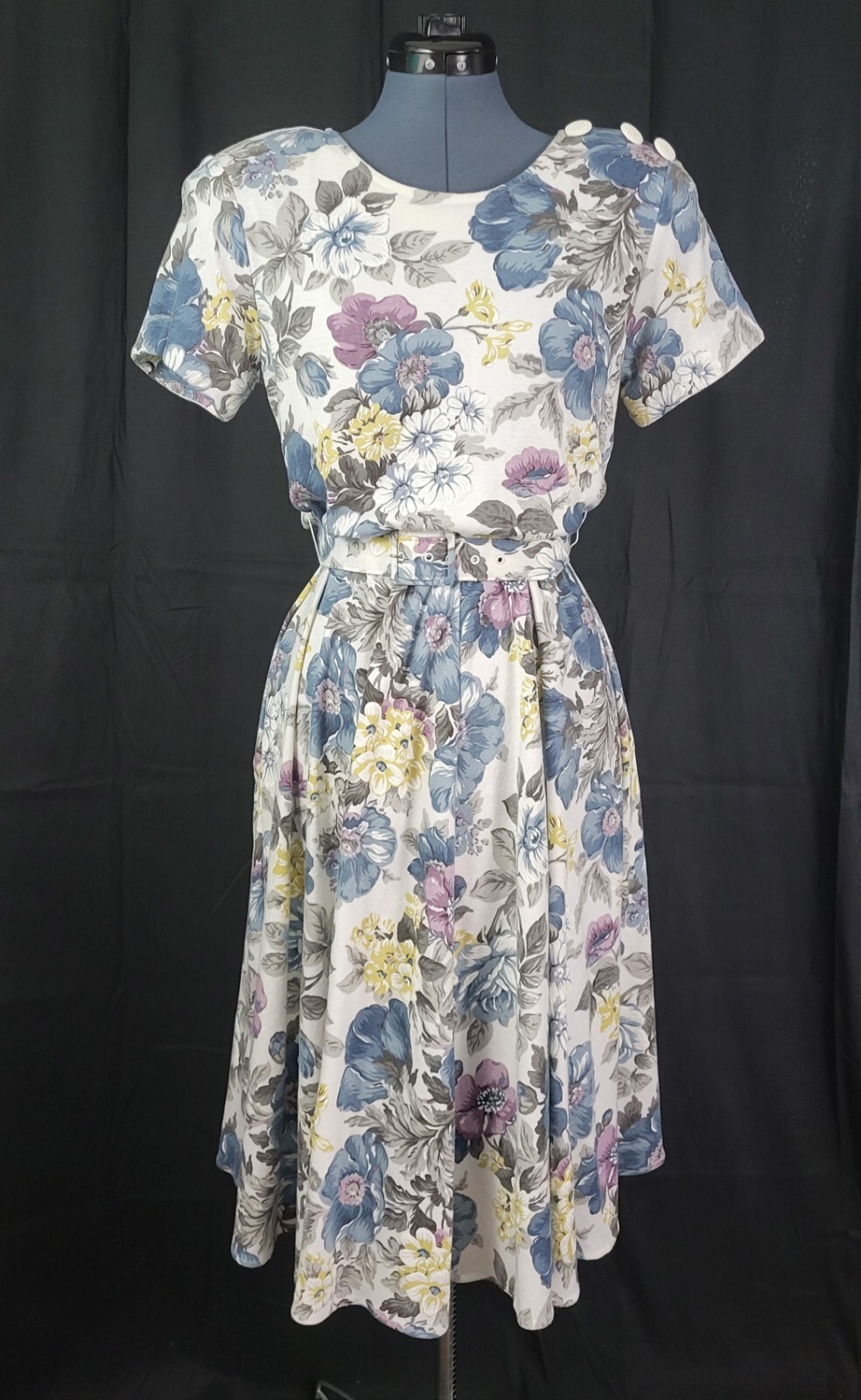 Vtg Stuart Alan Petites White/Blue/Purple Floral Blouson Knit Dress Size 8P