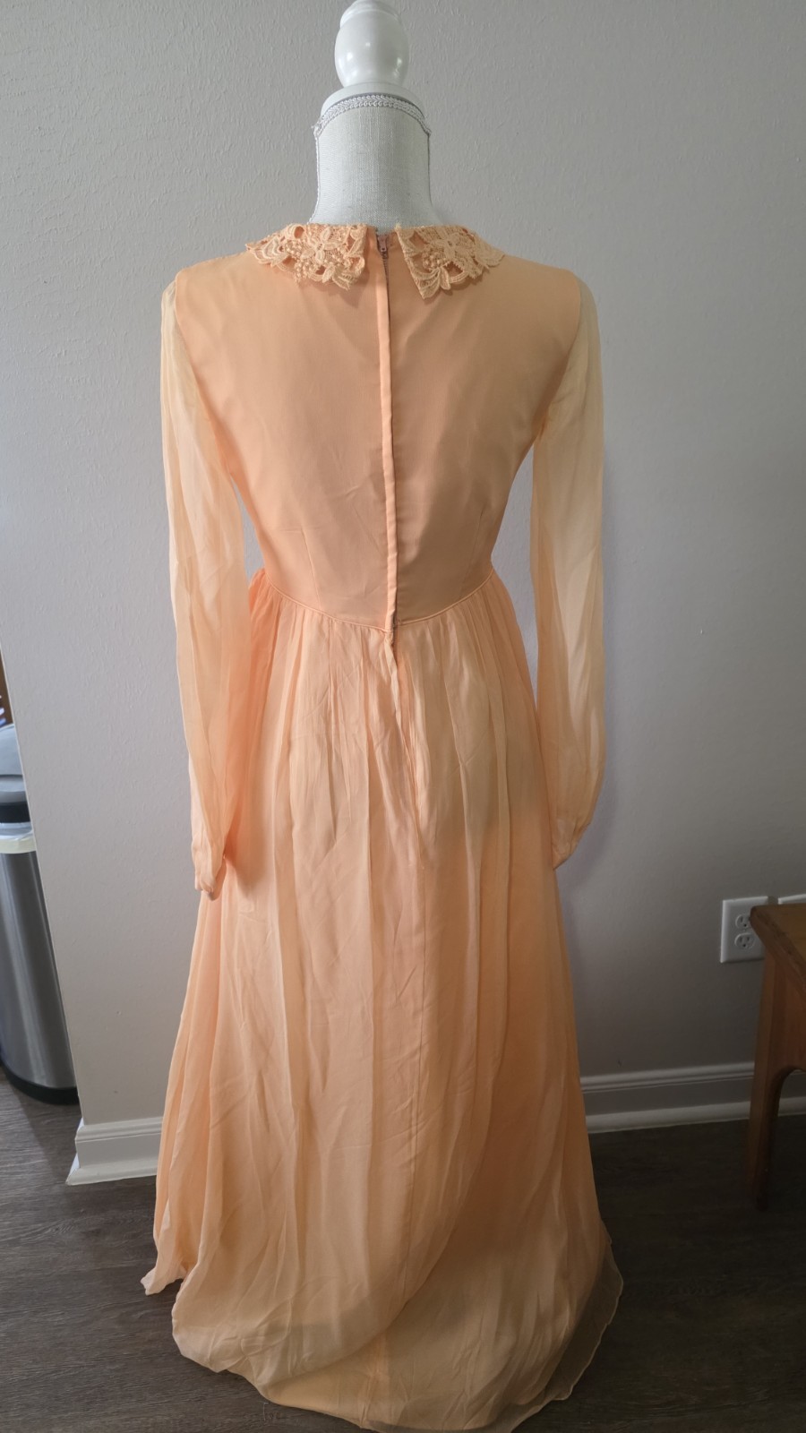 1970s Dress Size 4 Peach Silk Chiffon Long Sleeve Maxi Bridesmaid Vintage