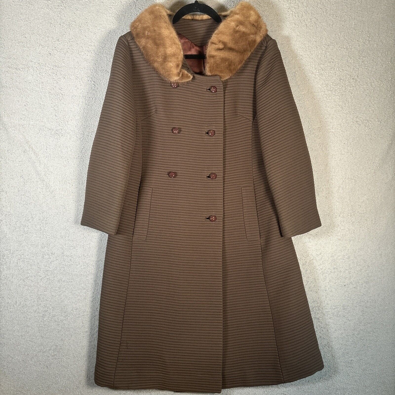 Vintage Forstmann Long Pea Coat Fur Collar Brown Double Breasted Mob Wife Duster
