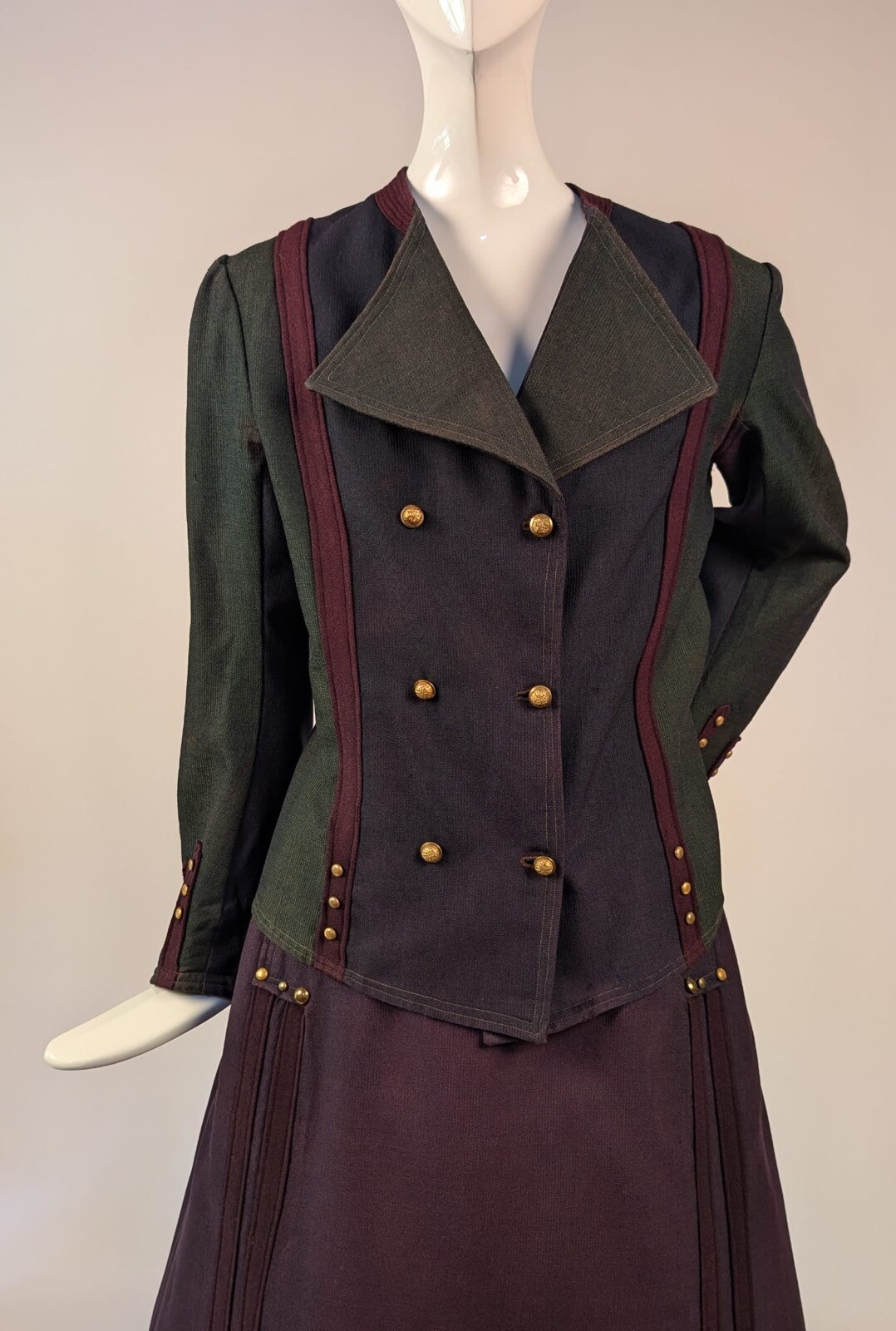 UNUSUAL EDWARDIAN TRI TONE WOOL WALKING SUIT W STUD + BUTTON TRIM