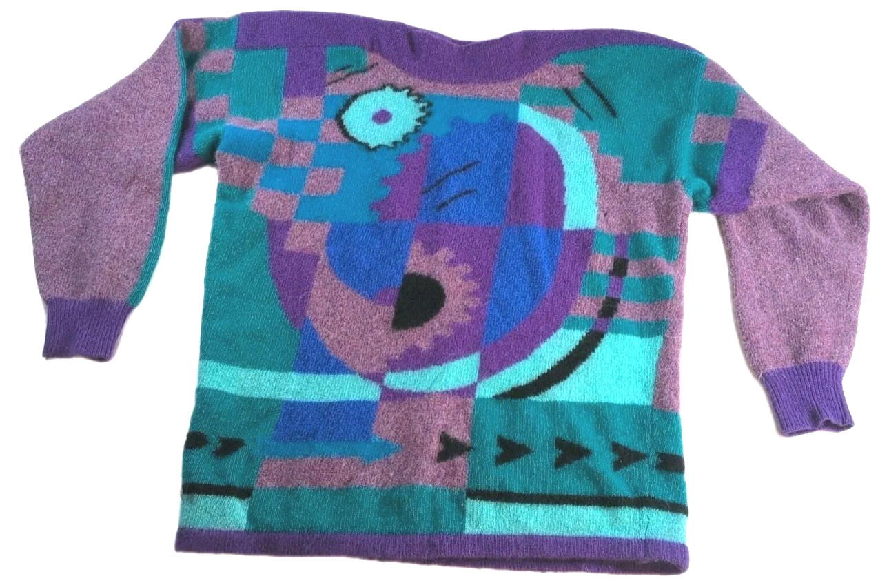 Vintage Wool Sweater Angora Rabbit Fur Abstract Purple 1991 Joy+Fun Hong Kong