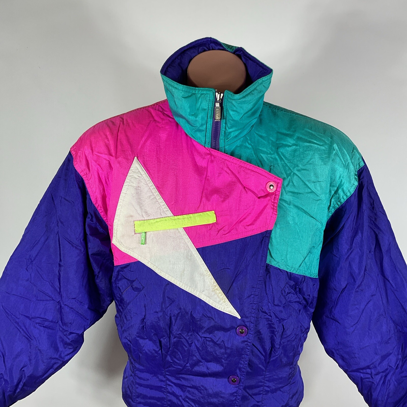 Vtg 80s SKI JACKET WINTER COAT BY FERA 10 Batwing Black Colorblock Neon Smocked