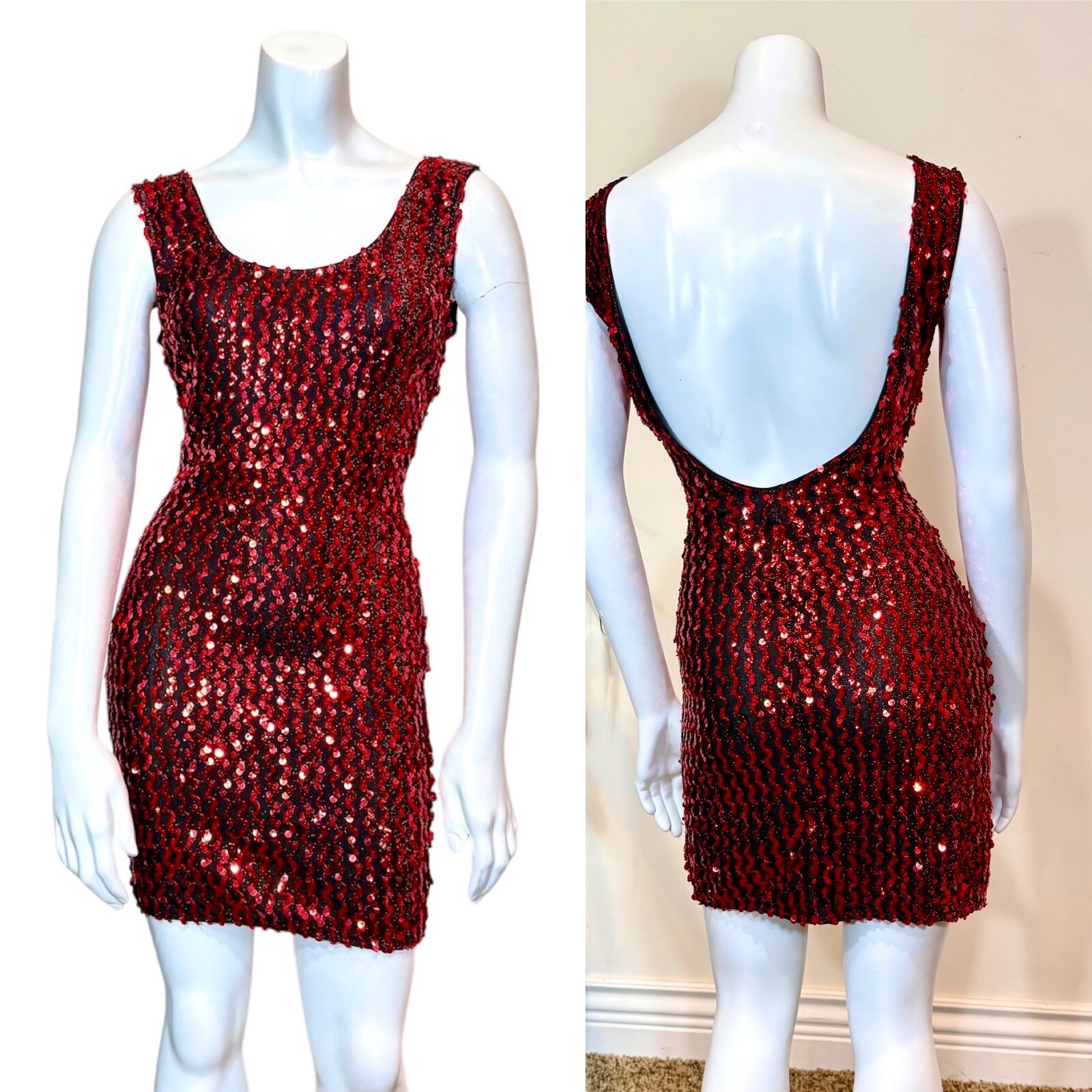 Vintage 80’s RED SEQUIN BODYCON MINI DRESS S Party Prom Disco Slip Wiggle Sexy