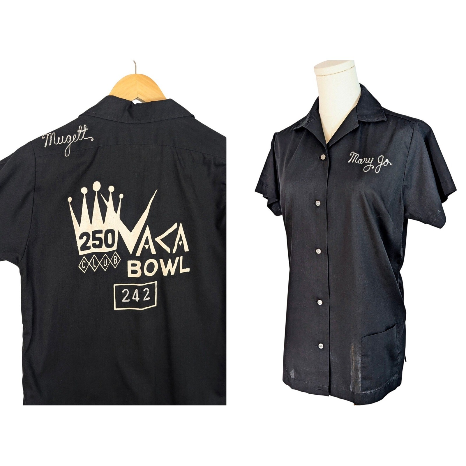 Vintage 50&rsquo;s Hilton Bowling Shirt MCM Black Chainstitch Embroidered button down