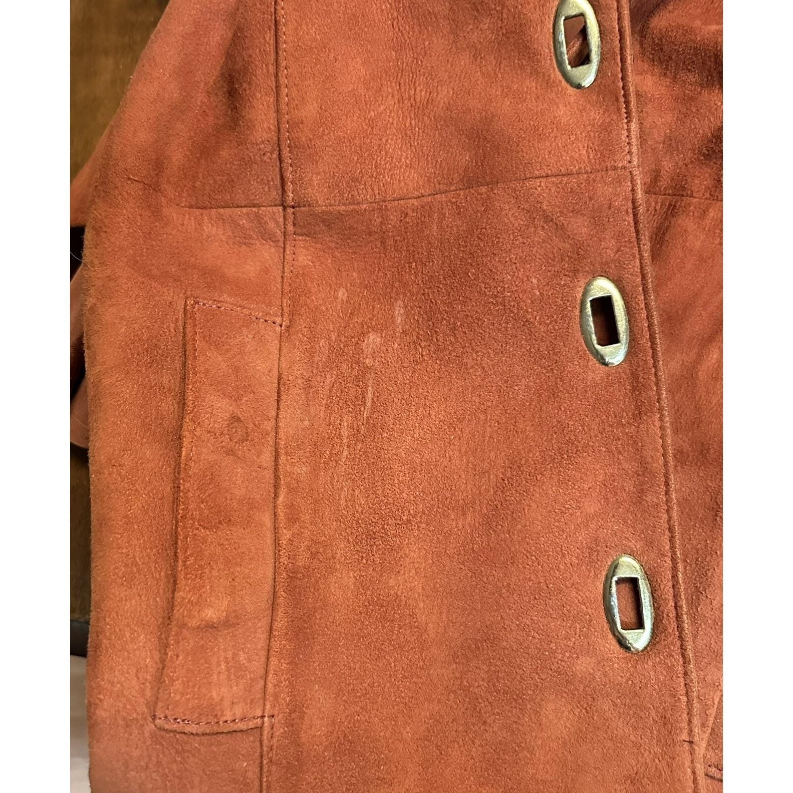 Vintage Hippie Rust Orange Suede Leather Cape Sleeve Coat Jacket Open Sides