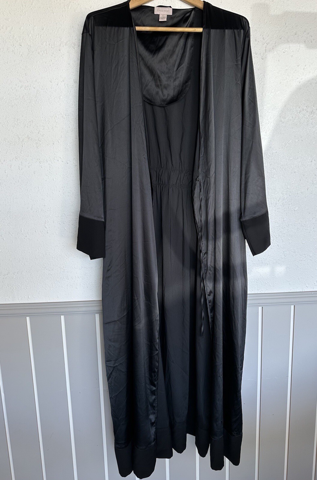 Vintage Cabernet Black Polyester Spandex Slip Dress & Robe w Belt Set Size XL