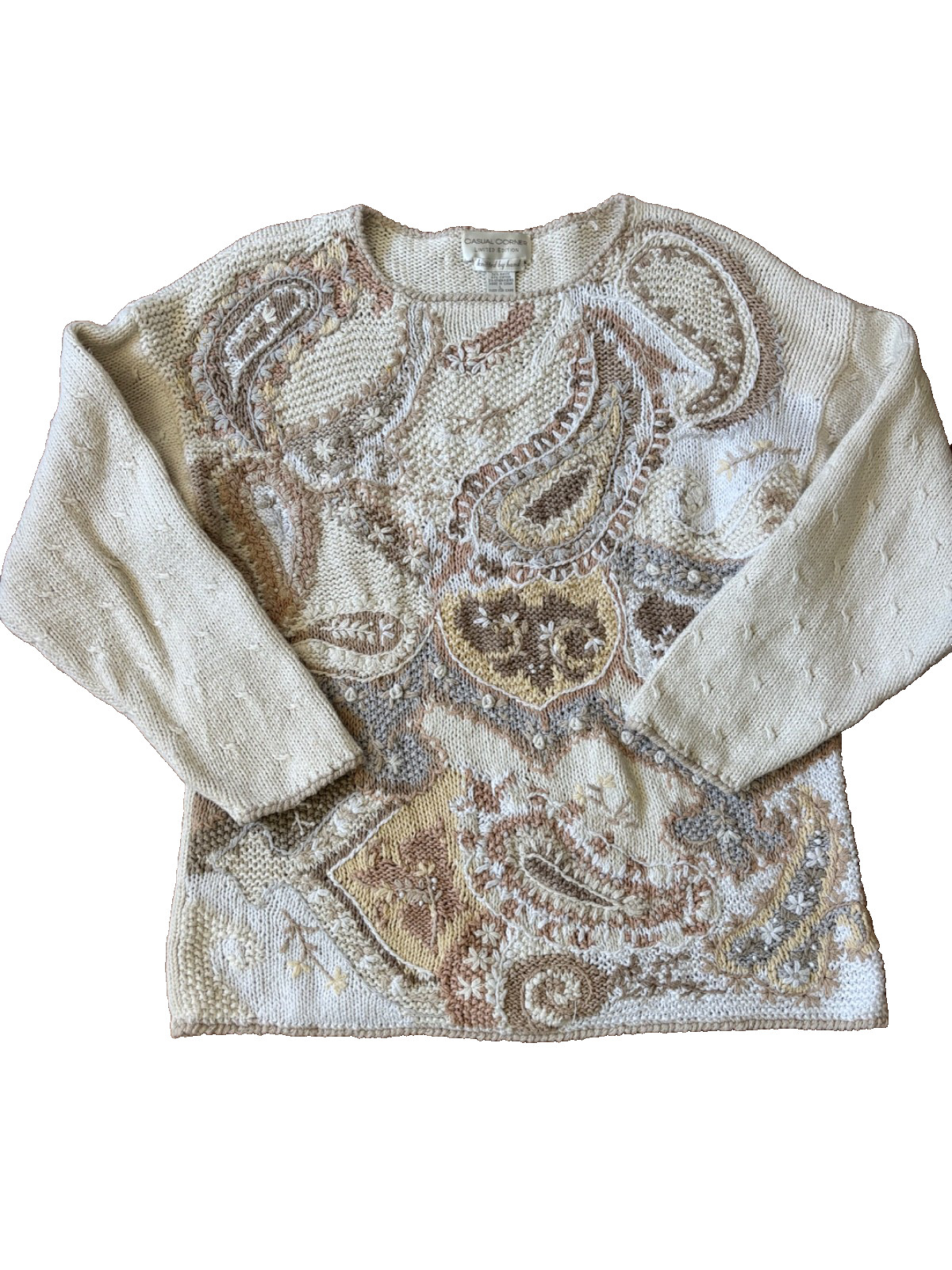 VTG Casual Corner Hand Knitted Sweater 90s Women&rsquo;s Sz Large Paisley Cream Tan