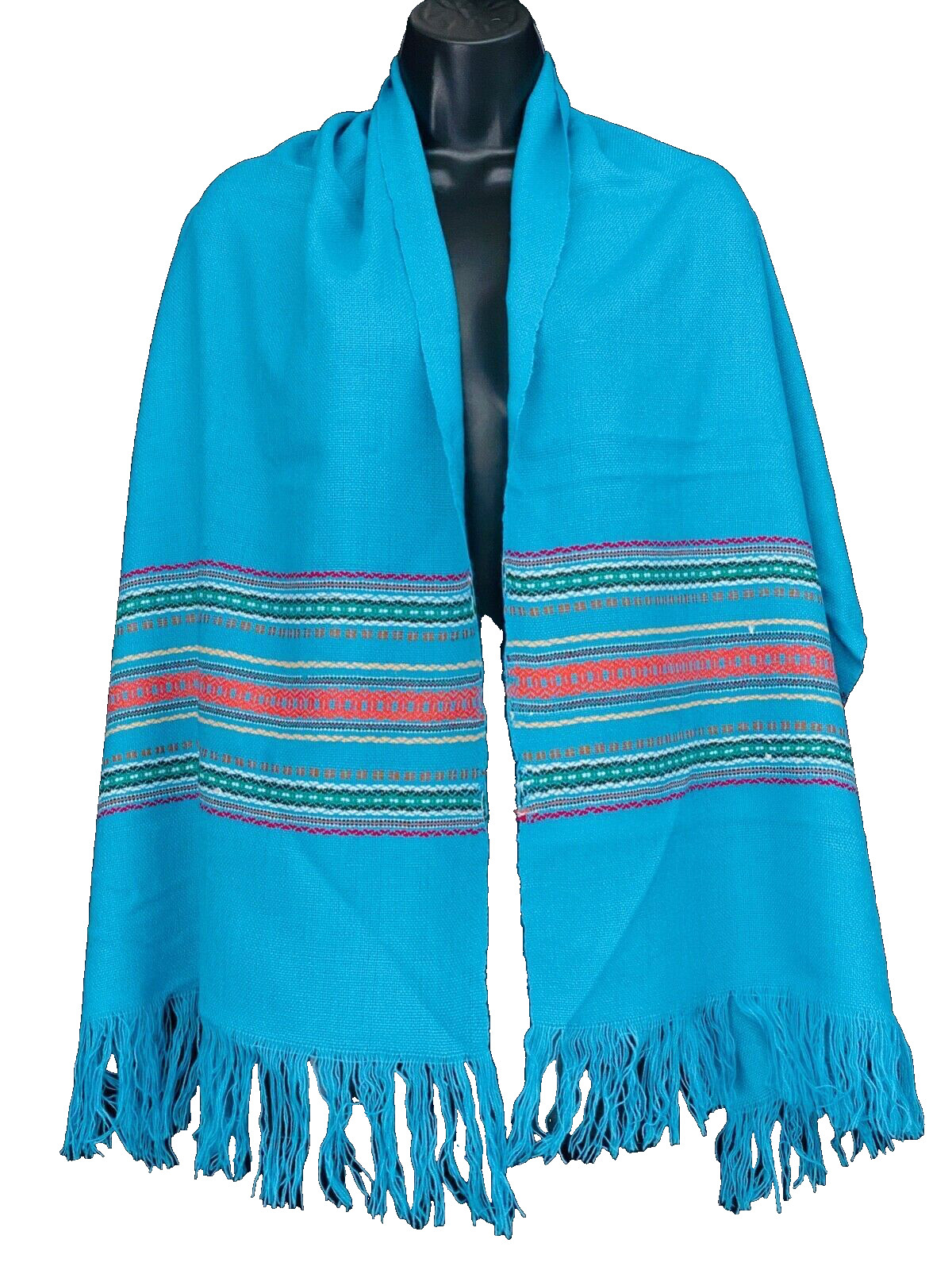 Vintage 1950s woven blue scarf turquoise wool teal stripes rectangle fringe wrap