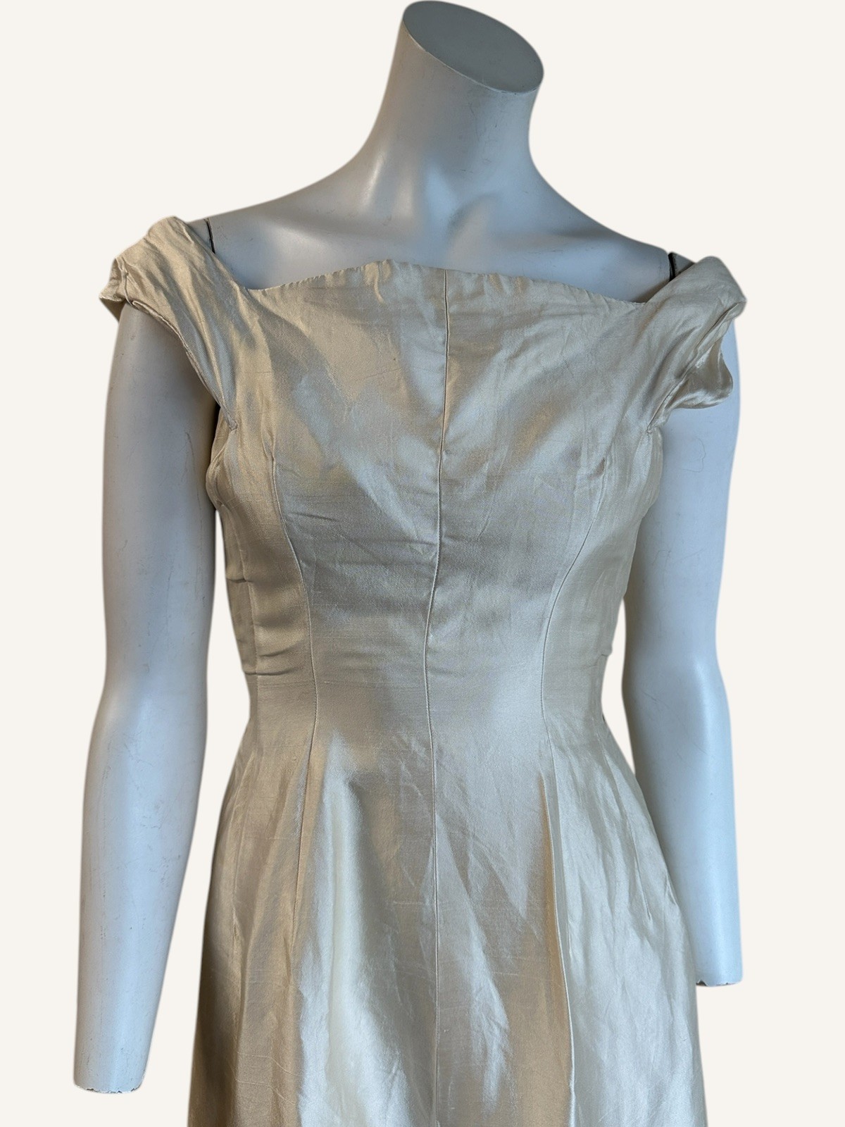 1950s Raw Silk Cream A line Evening Dress As Is Bateau Neckline Drop Waist