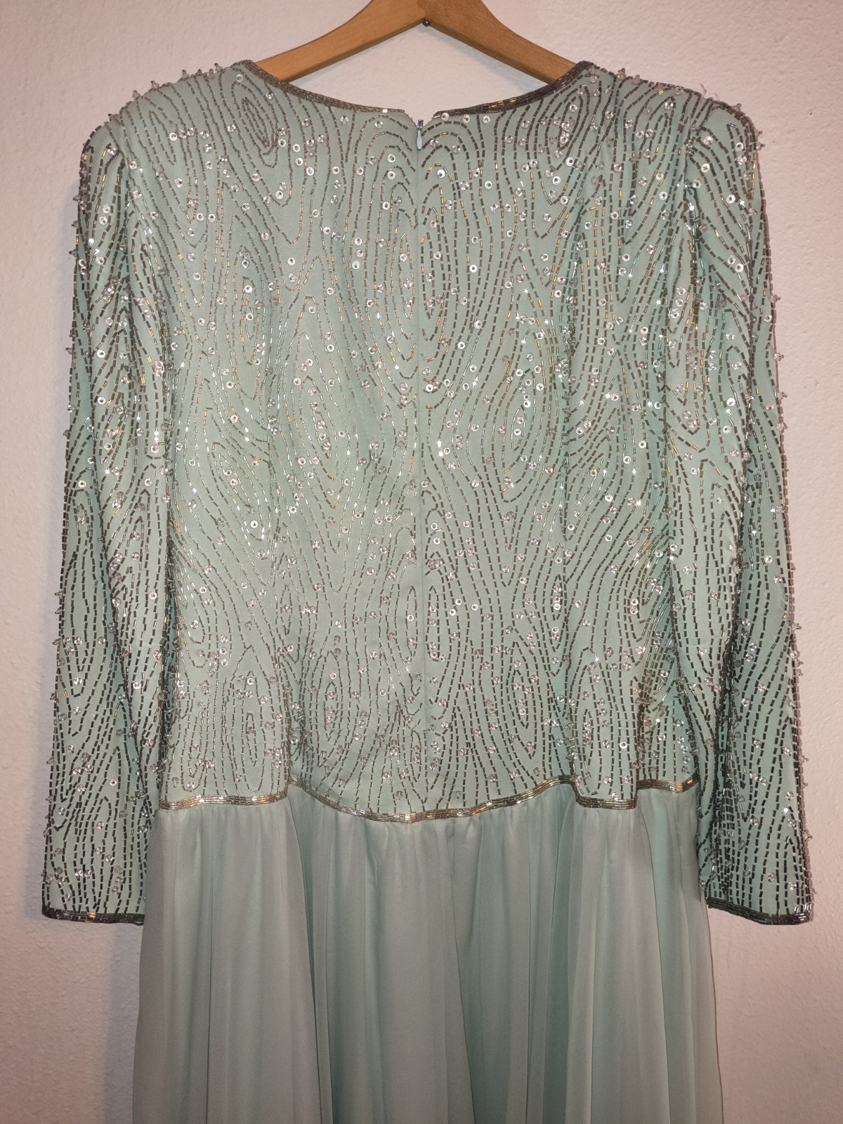 Vintage Jack Bryan Mint Green Beaded Sequin Chiffon Maxi Gown Size L/XL 14 16